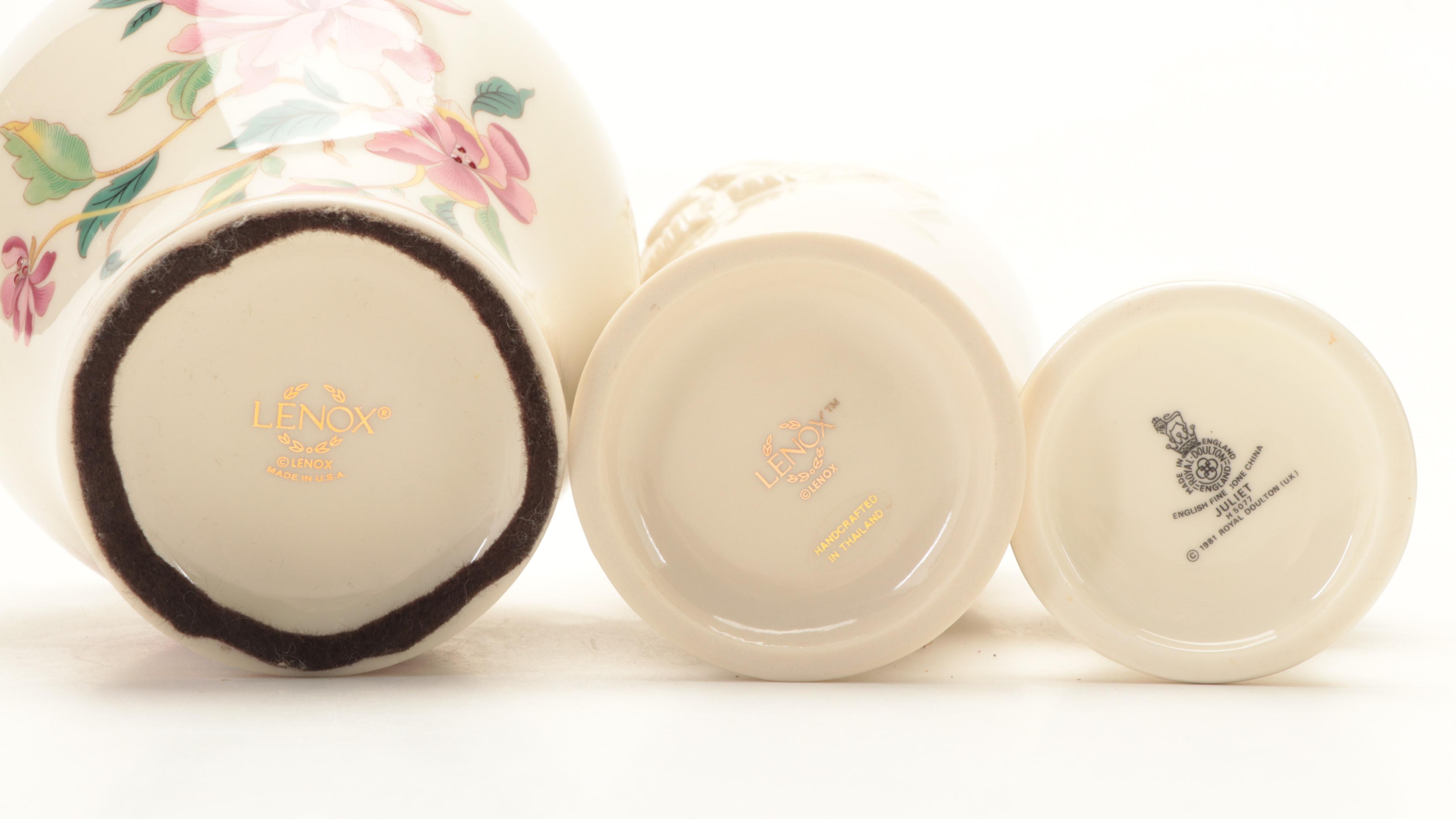 Royal Doulton and Lenox Bone China Vases, Trinket Box and Elephant Figurine