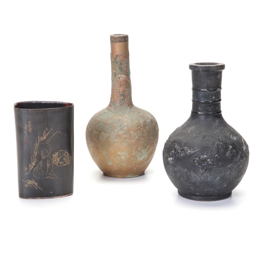 Japanese Tokoname and Carved Horn Vases
