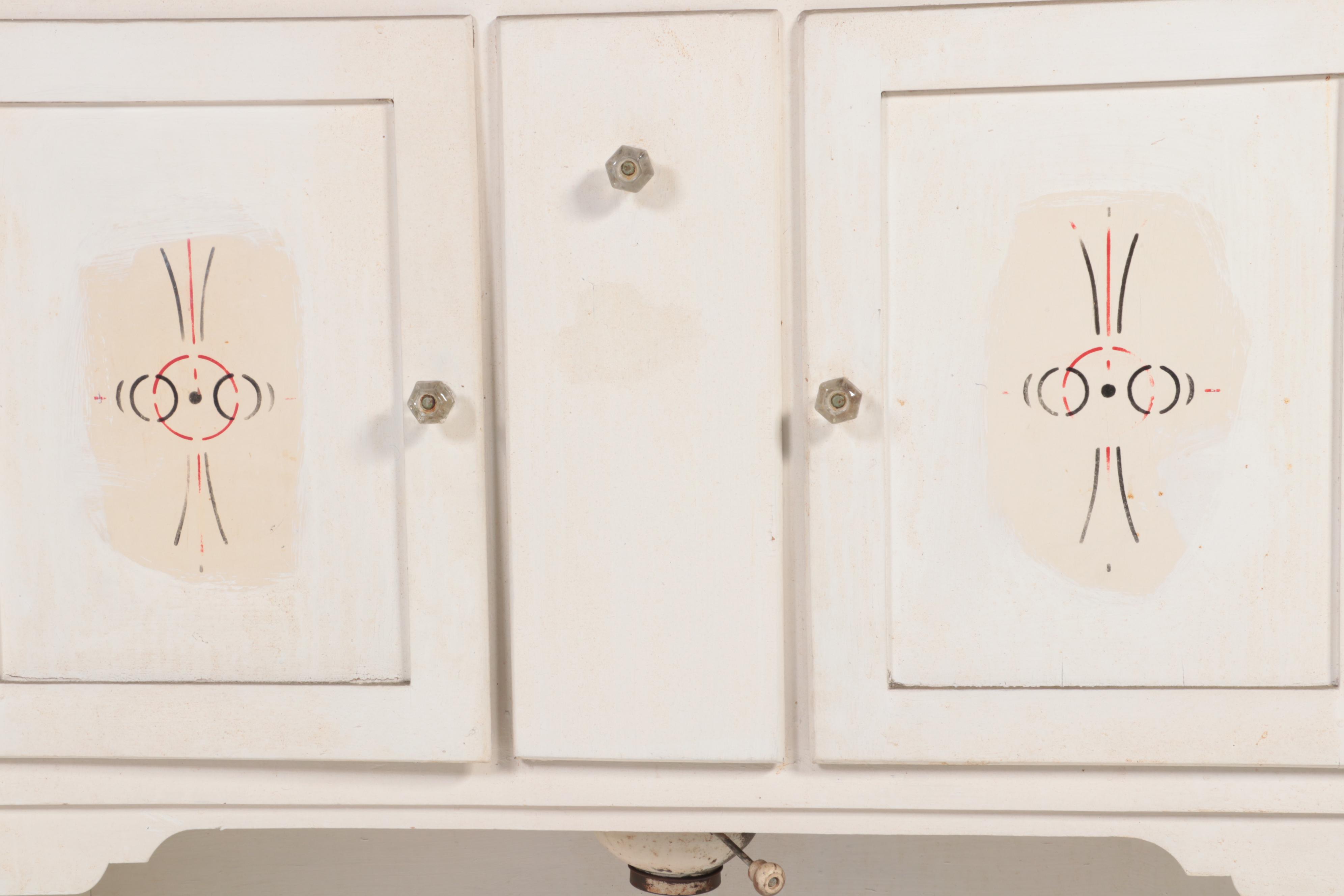 White-Painted, Stenciled, and Enamel Top Kitchen Cabinet, circa 1930