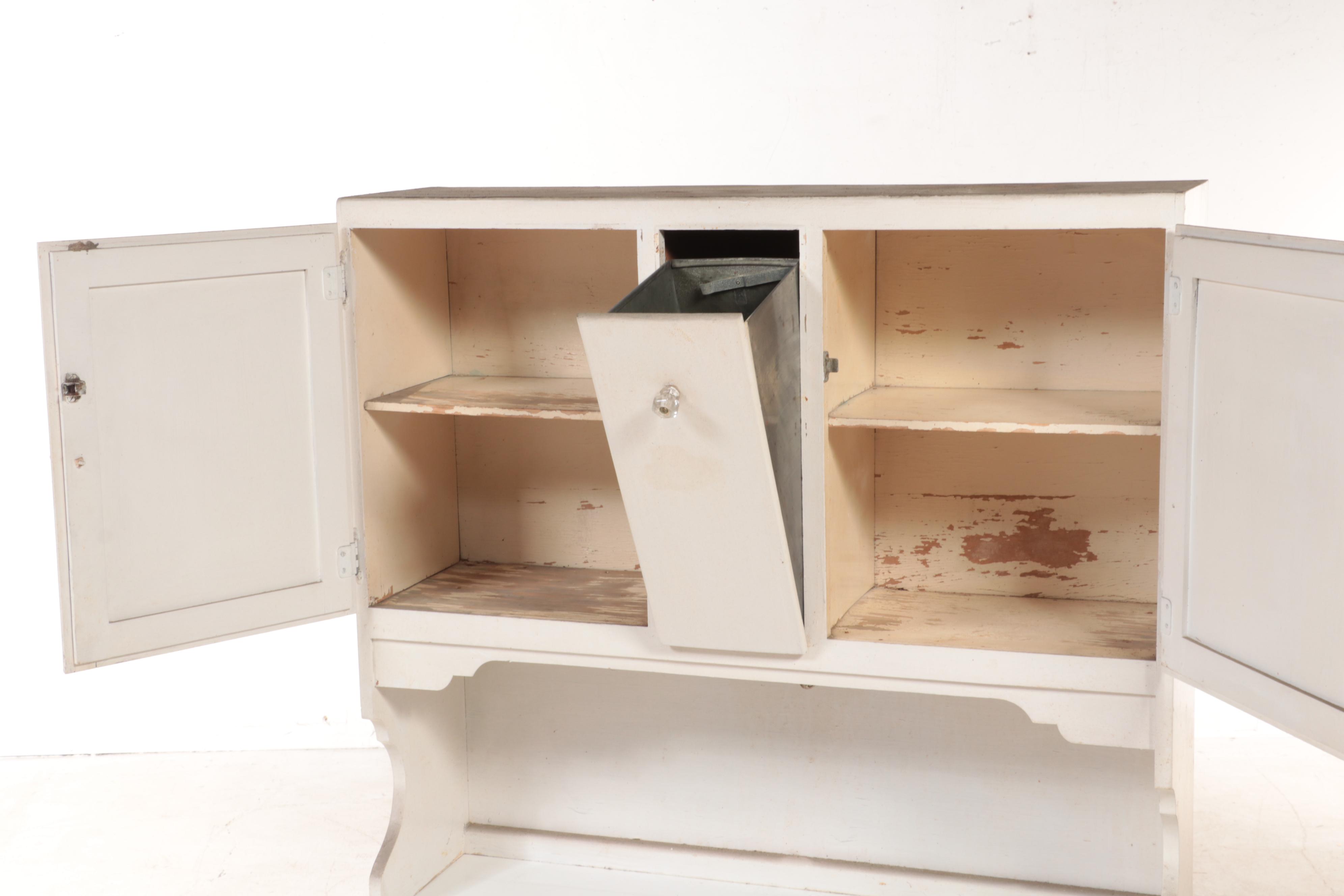 White-Painted, Stenciled, and Enamel Top Kitchen Cabinet, circa 1930
