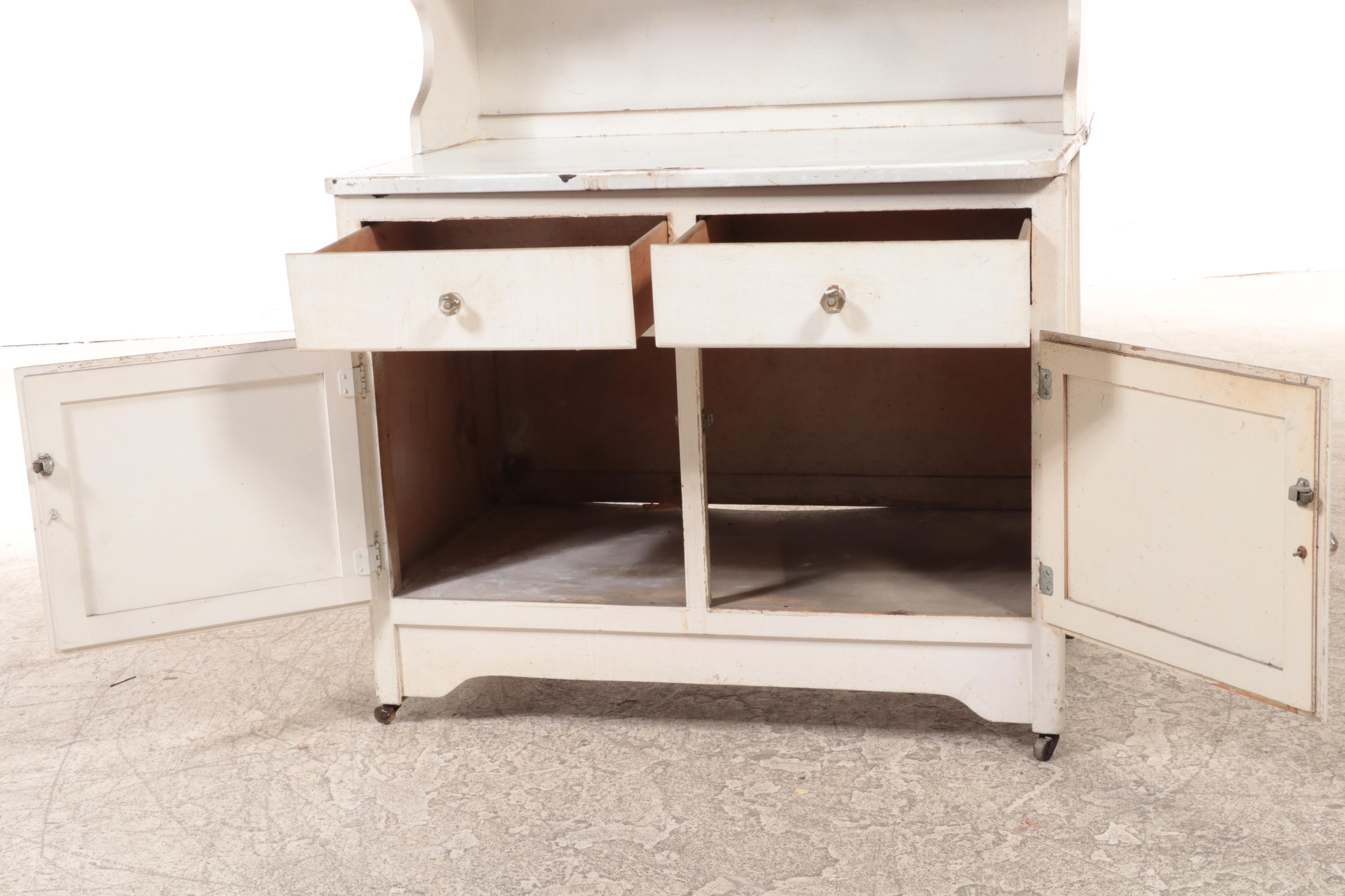 White-Painted, Stenciled, and Enamel Top Kitchen Cabinet, circa 1930