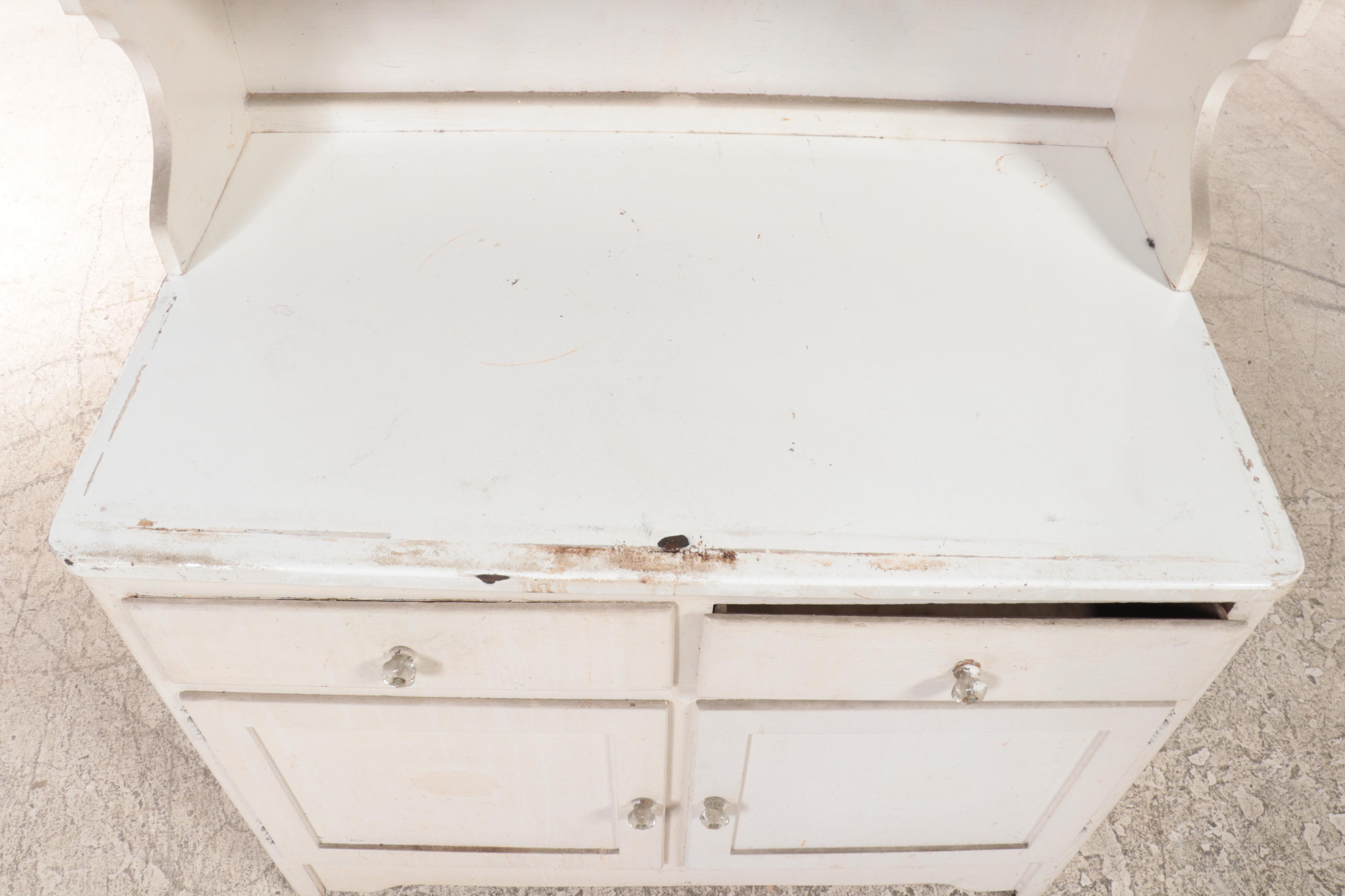 White-Painted, Stenciled, and Enamel Top Kitchen Cabinet, circa 1930