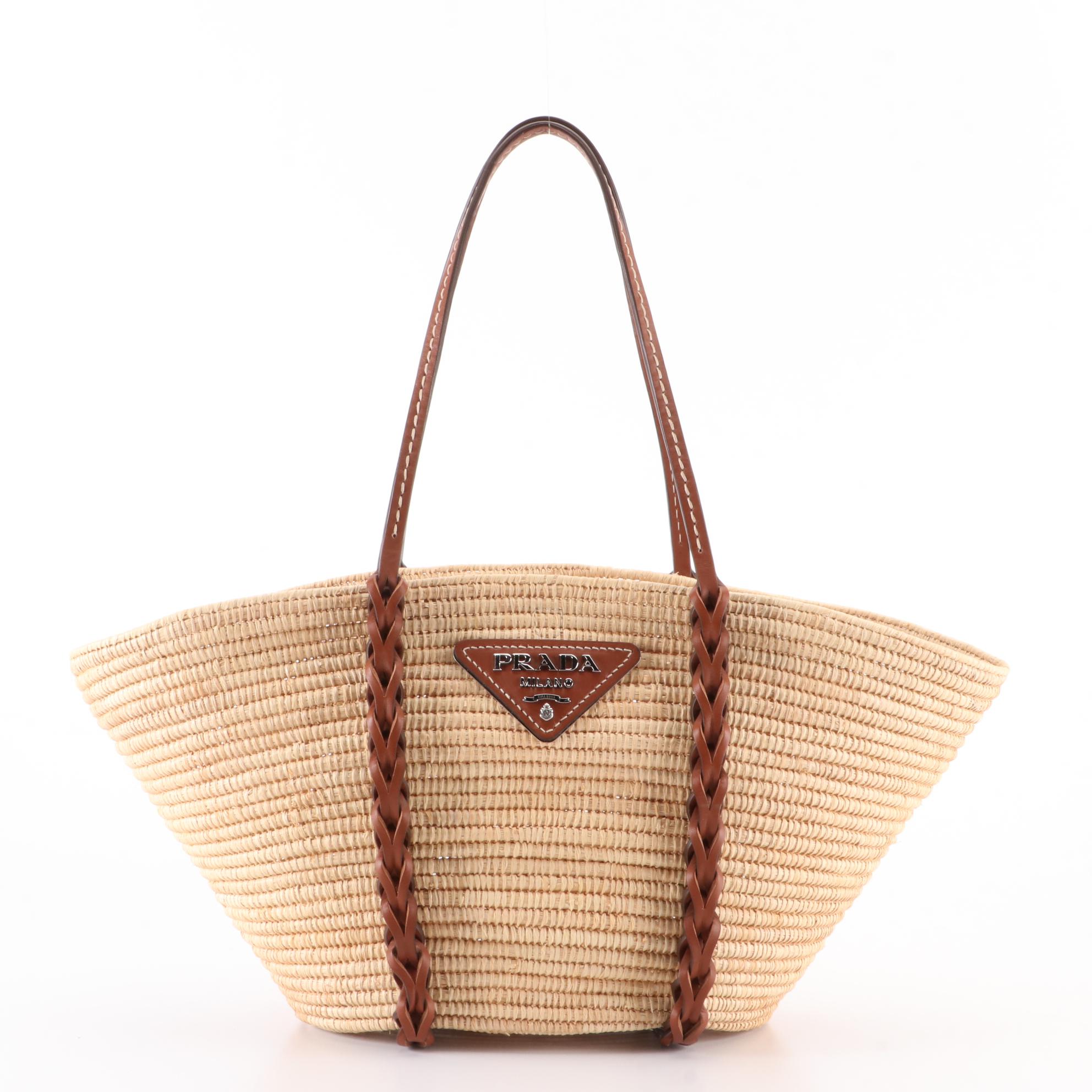 Prada Basket Shopping Tote 1BG312 in Straw and Leather