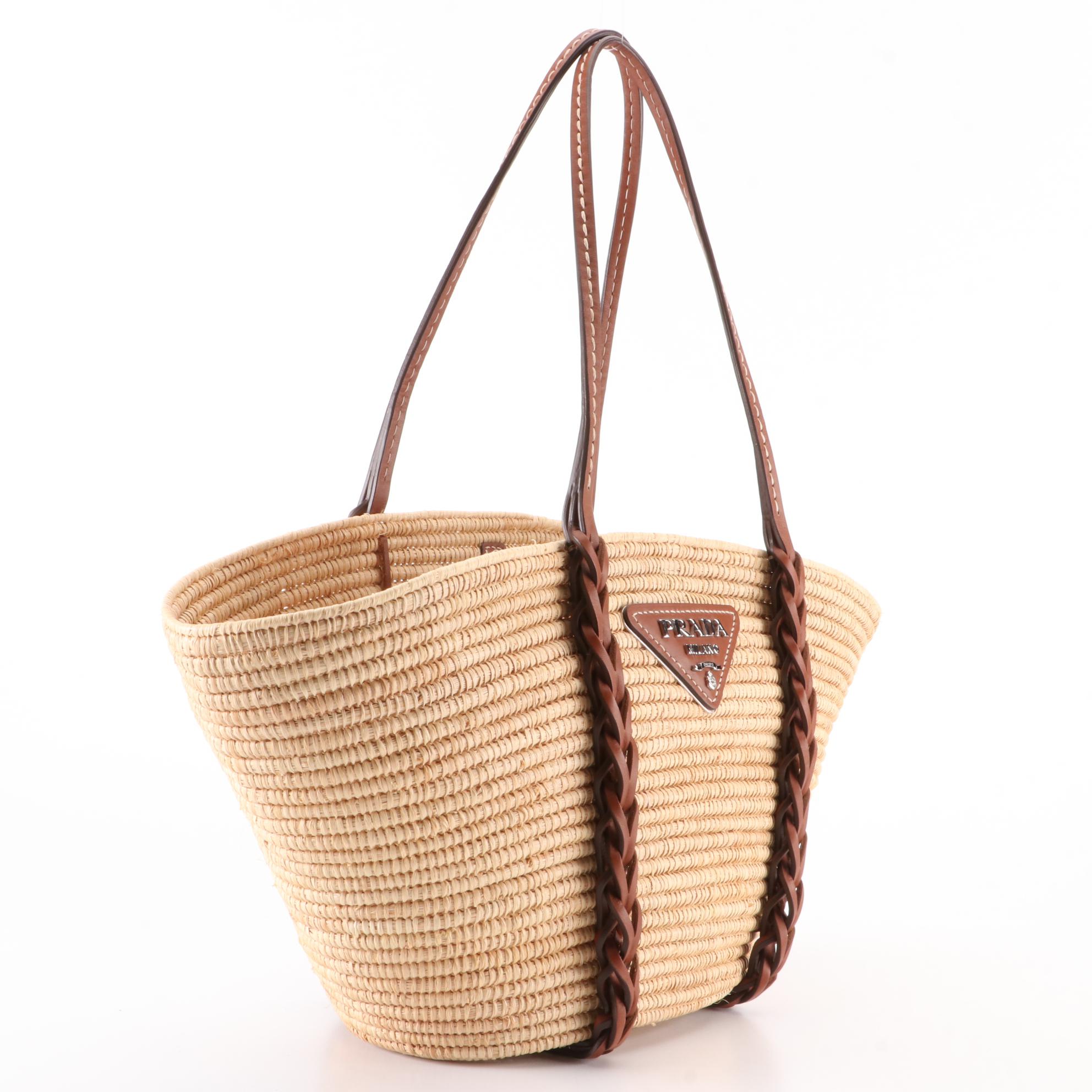 Prada Basket Shopping Tote 1BG312 in Straw and Leather