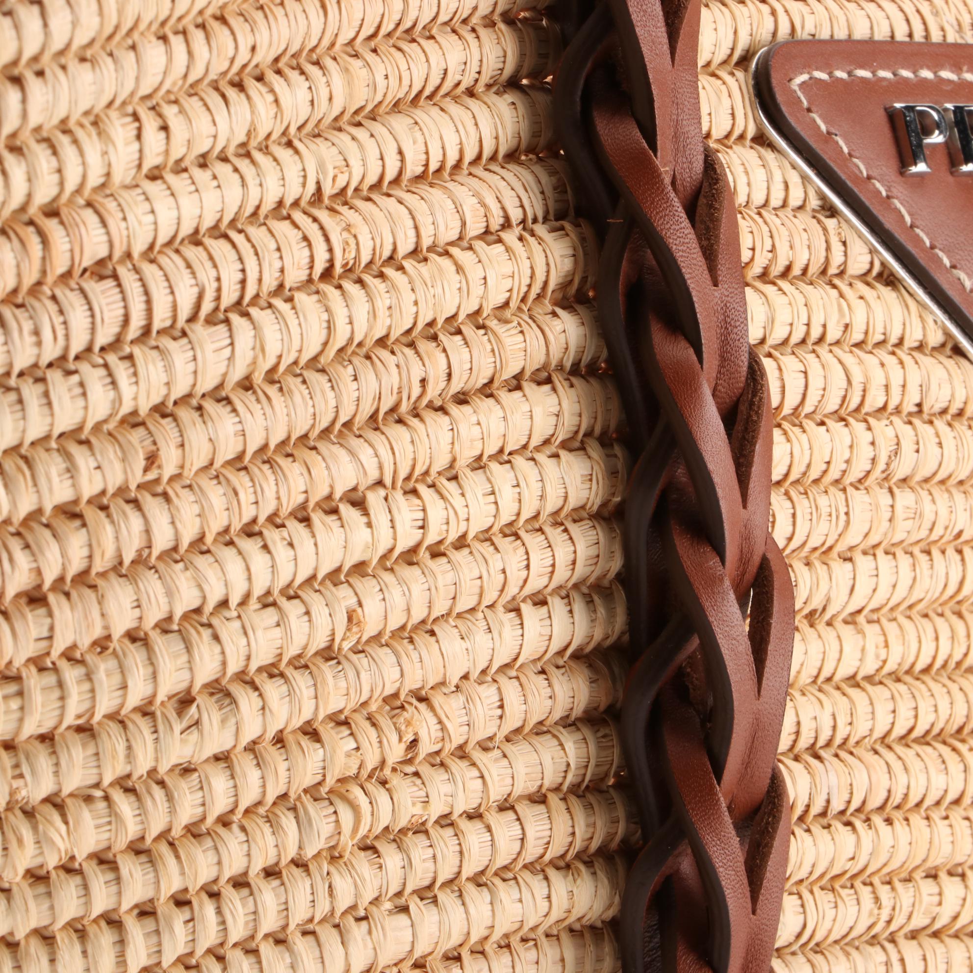 Prada Basket Shopping Tote 1BG312 in Straw and Leather