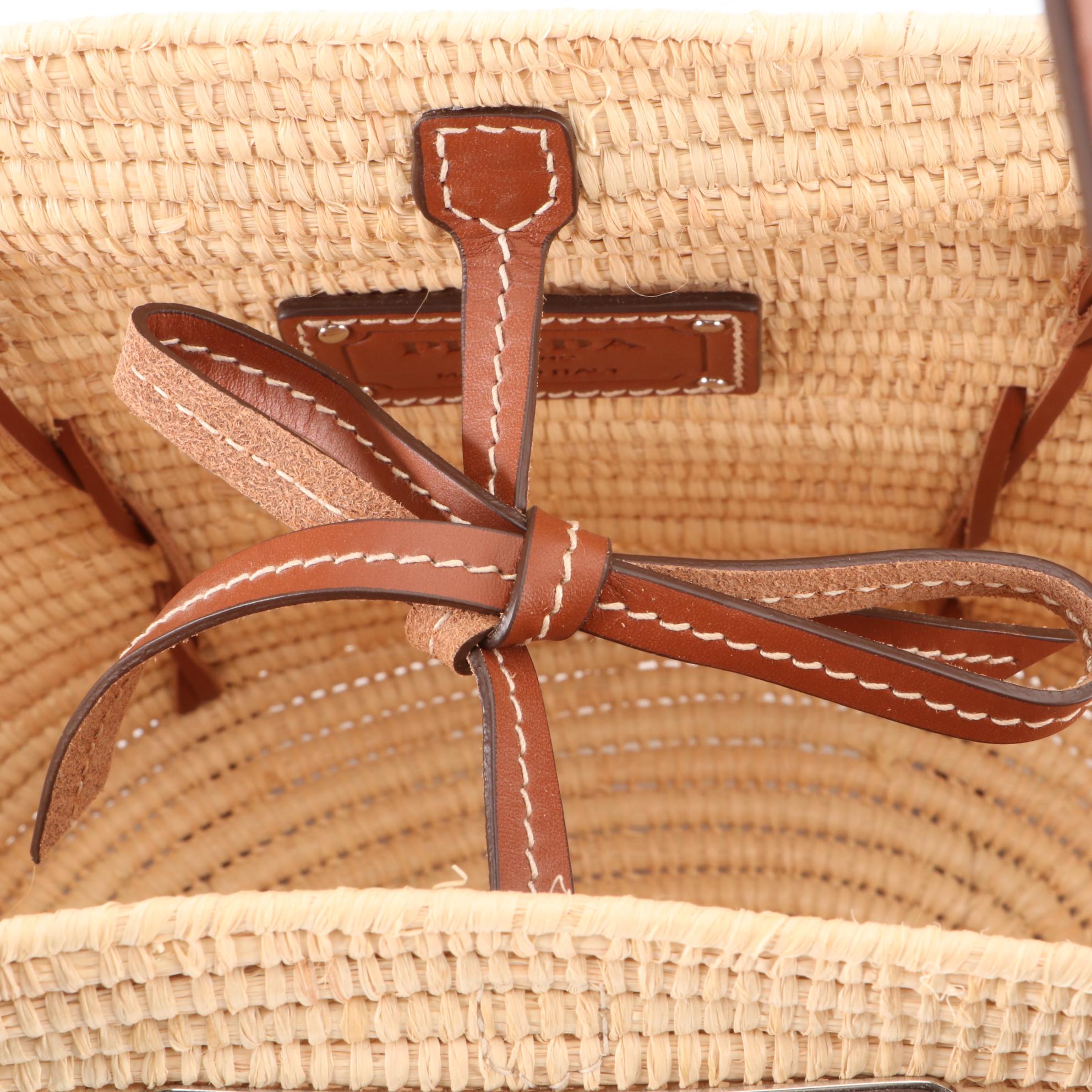 Prada Basket Shopping Tote 1BG312 in Straw and Leather
