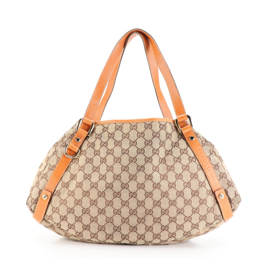 Gucci Abbey D-Ring Small Shoulder Tote in Tan GG Canvas and Cinghiale Leather