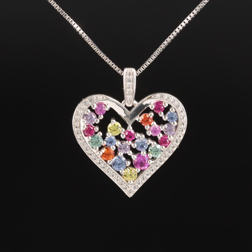 Sterling Multi-Color and White Sapphire Heart Pendant Necklace