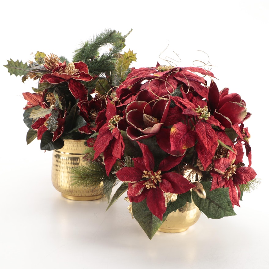 Faux Poinsettia and Holly Berry Arrangements in Brass Planters