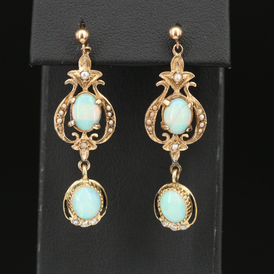 14K Opal, Diamond and Seed Pearl Earrings