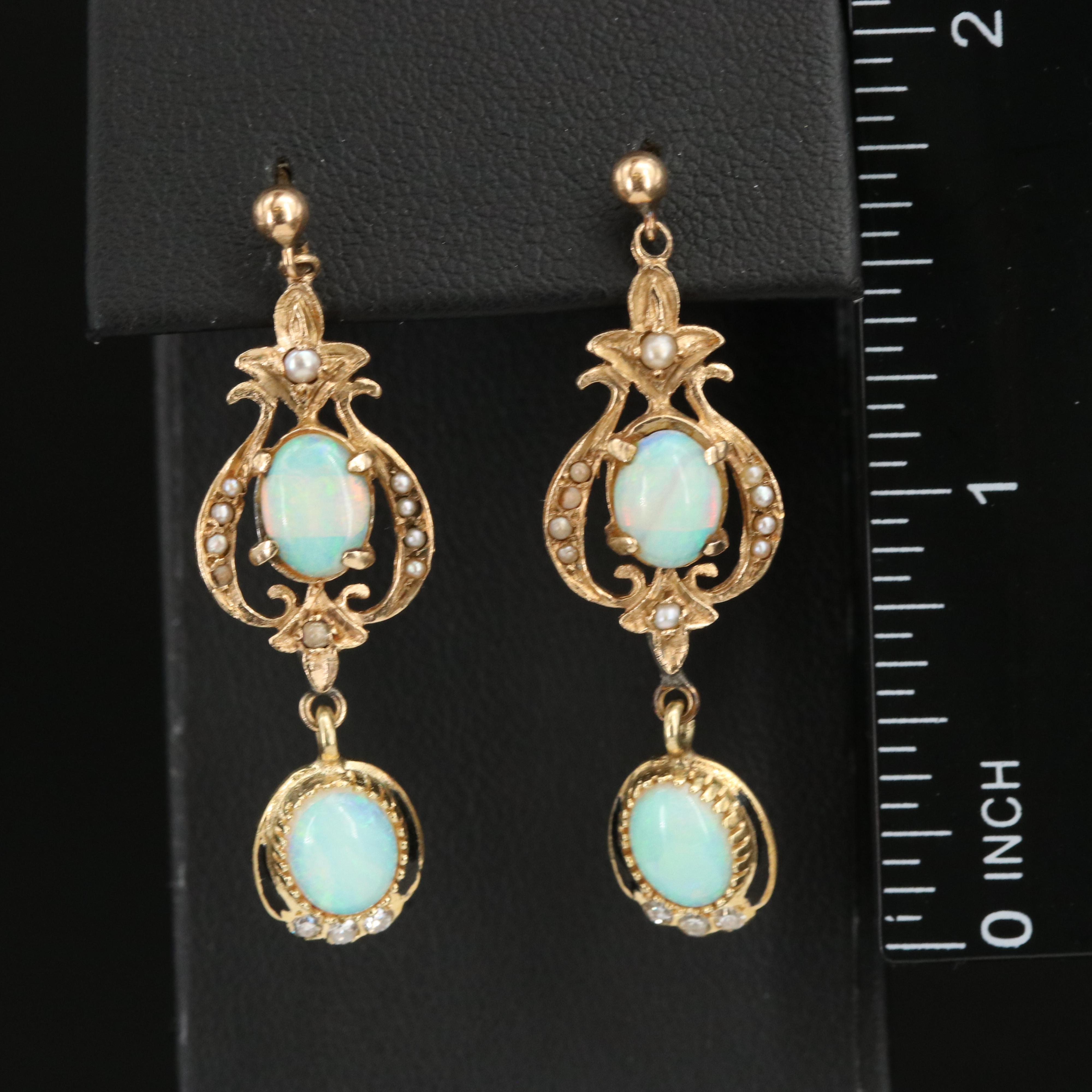 14K Opal, Diamond and Seed Pearl Earrings