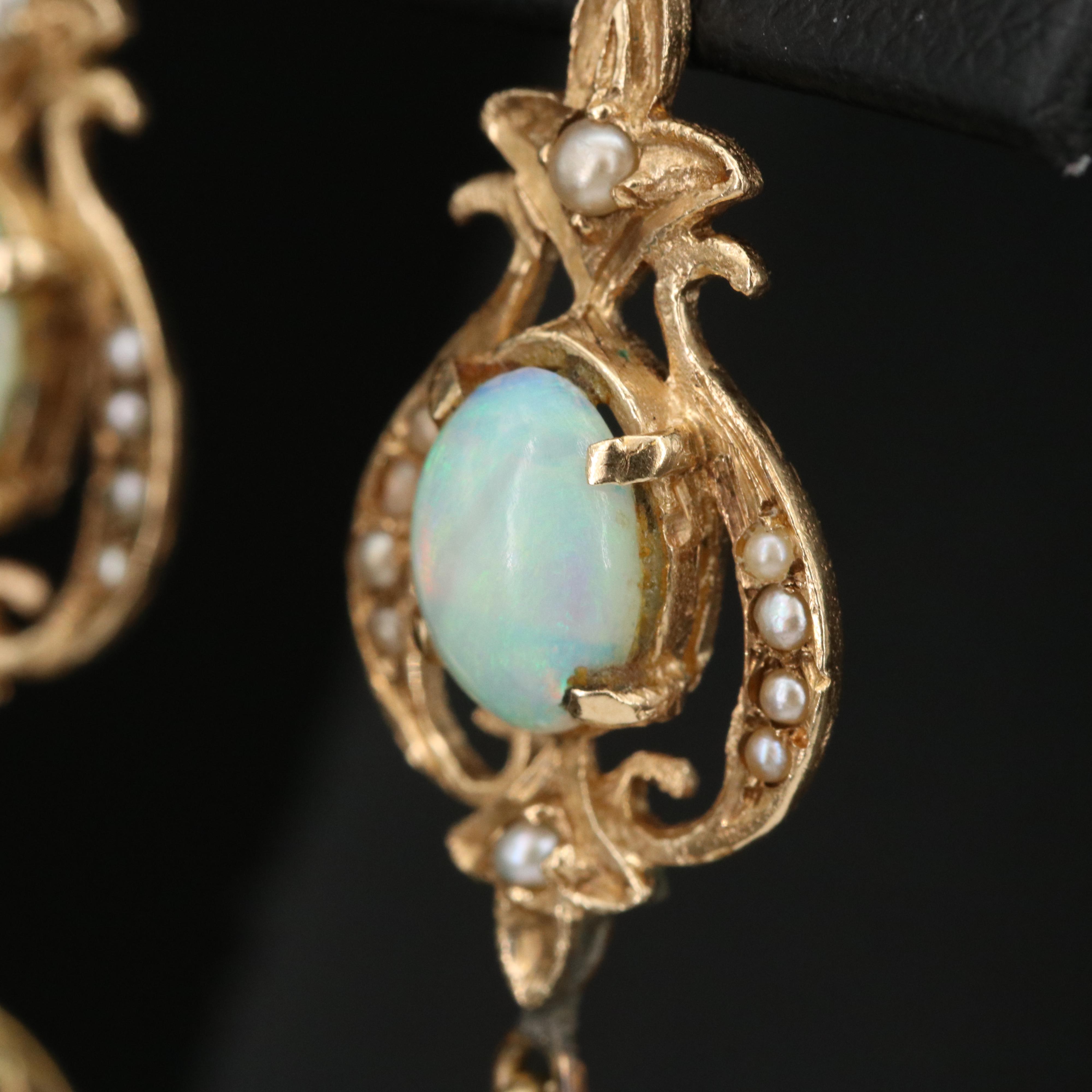 14K Opal, Diamond and Seed Pearl Earrings