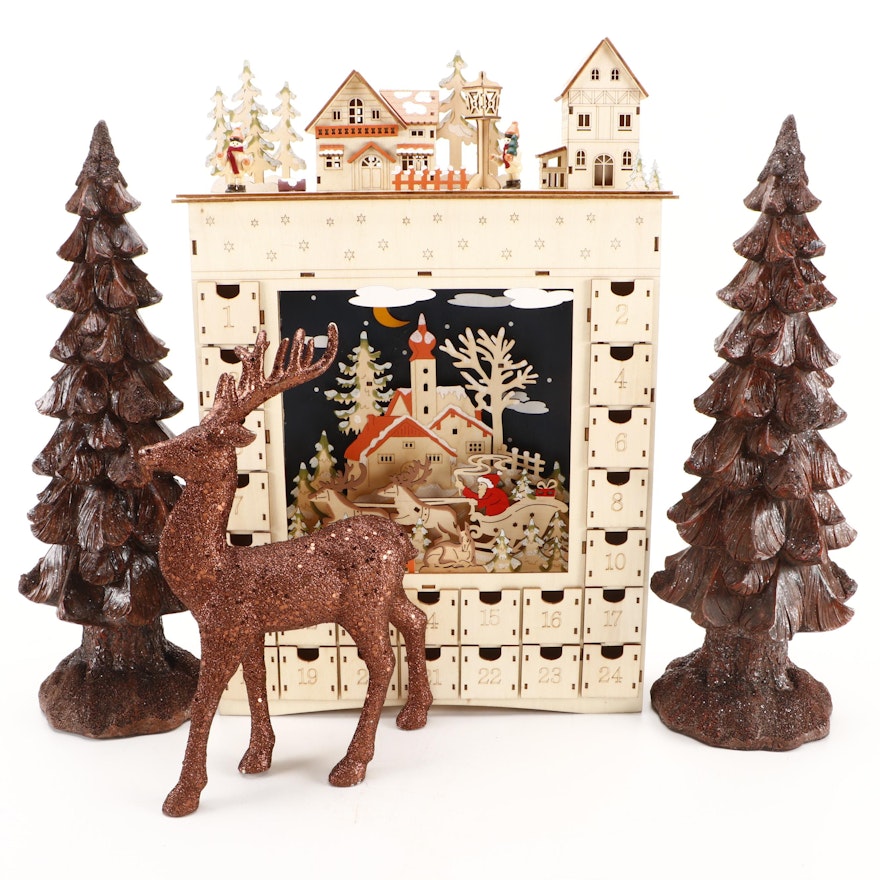 Hand-Painted Wooden Advent Calendar With Glitter Reindeer and Trees