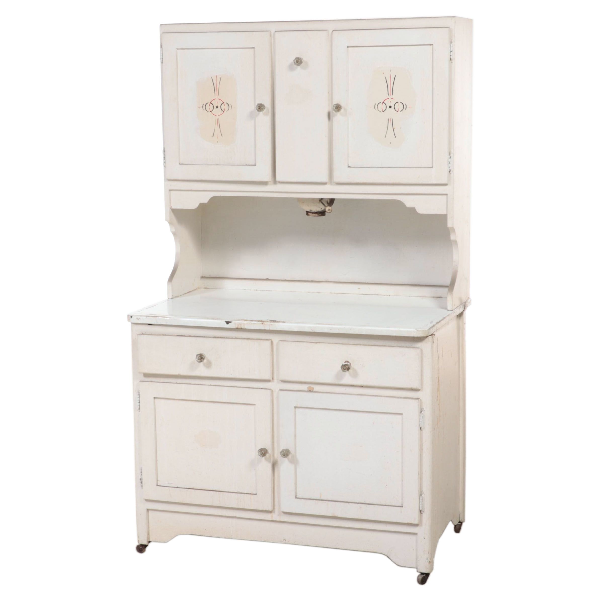 White-Painted, Stenciled, and Enamel Top Kitchen Cabinet, circa 1930