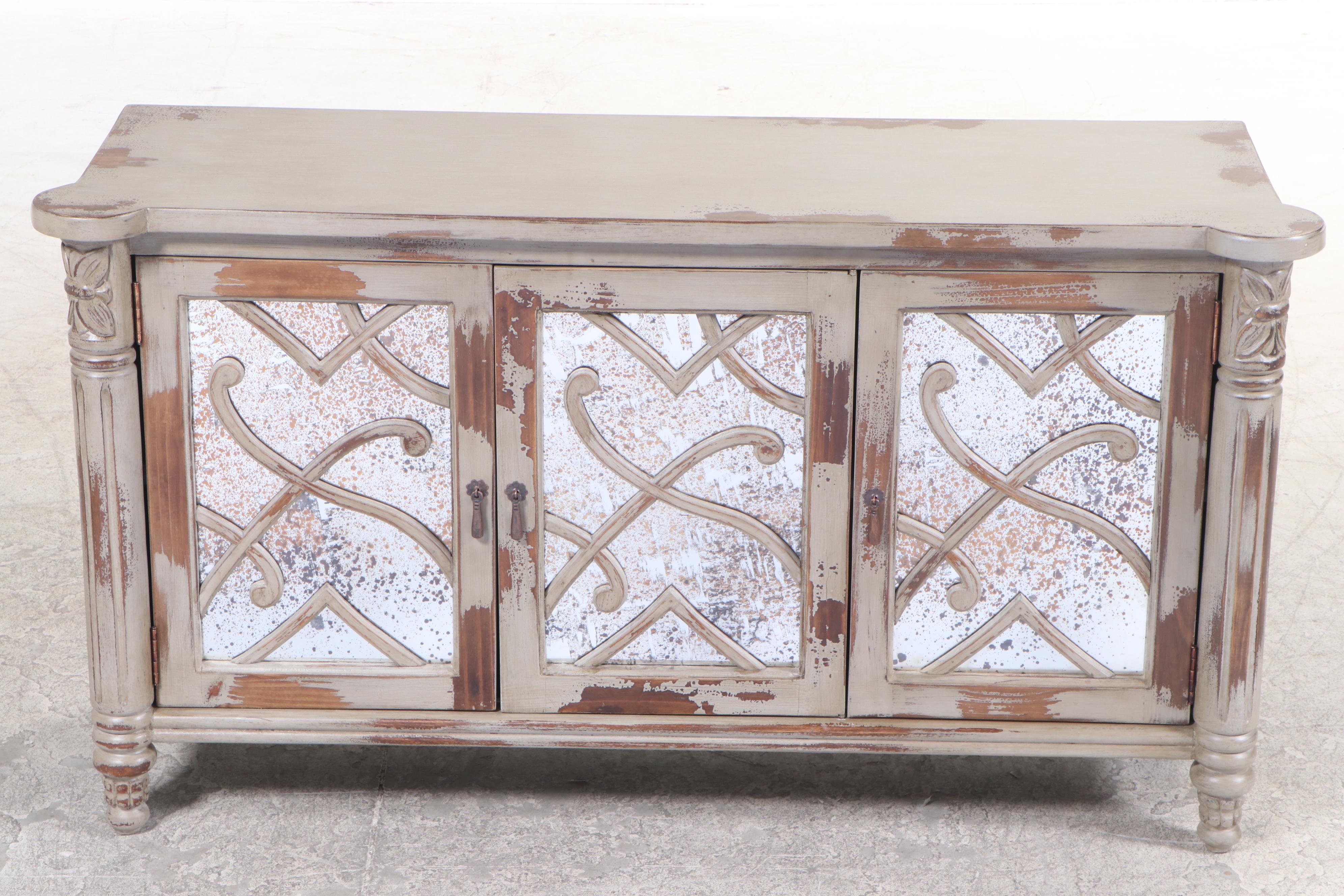 Distressed Painted Cabinet with Mirrored Doors