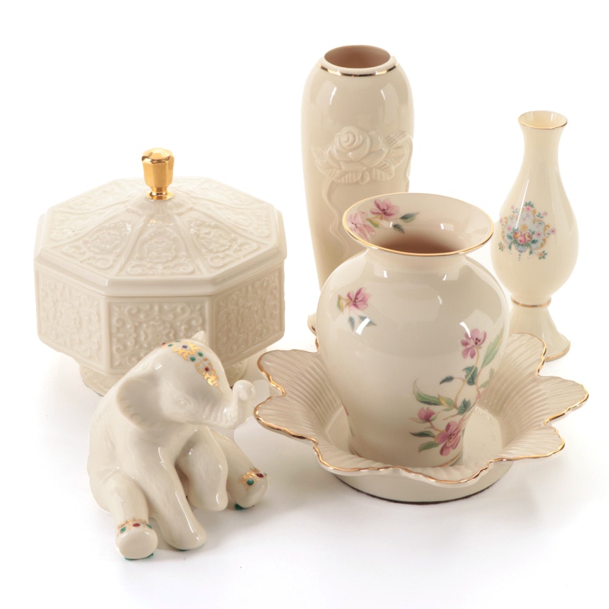 Royal Doulton and Lenox Bone China Vases, Trinket Box and Elephant Figurine
