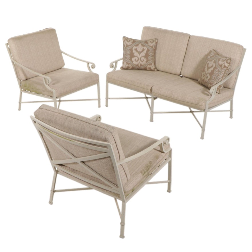 Brown Jordan Metal Bench and Pair of Patio Armchairs