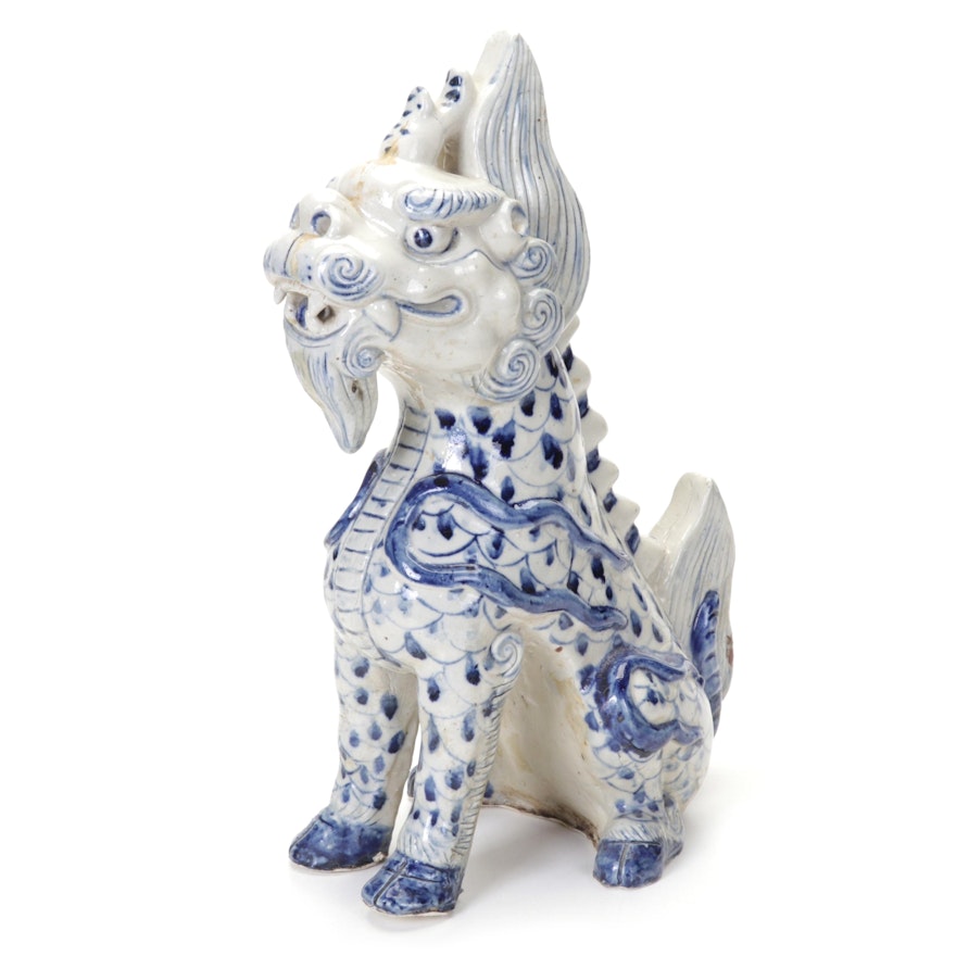 East Asian Blue and White Porcelain Guardian Lion Figurine