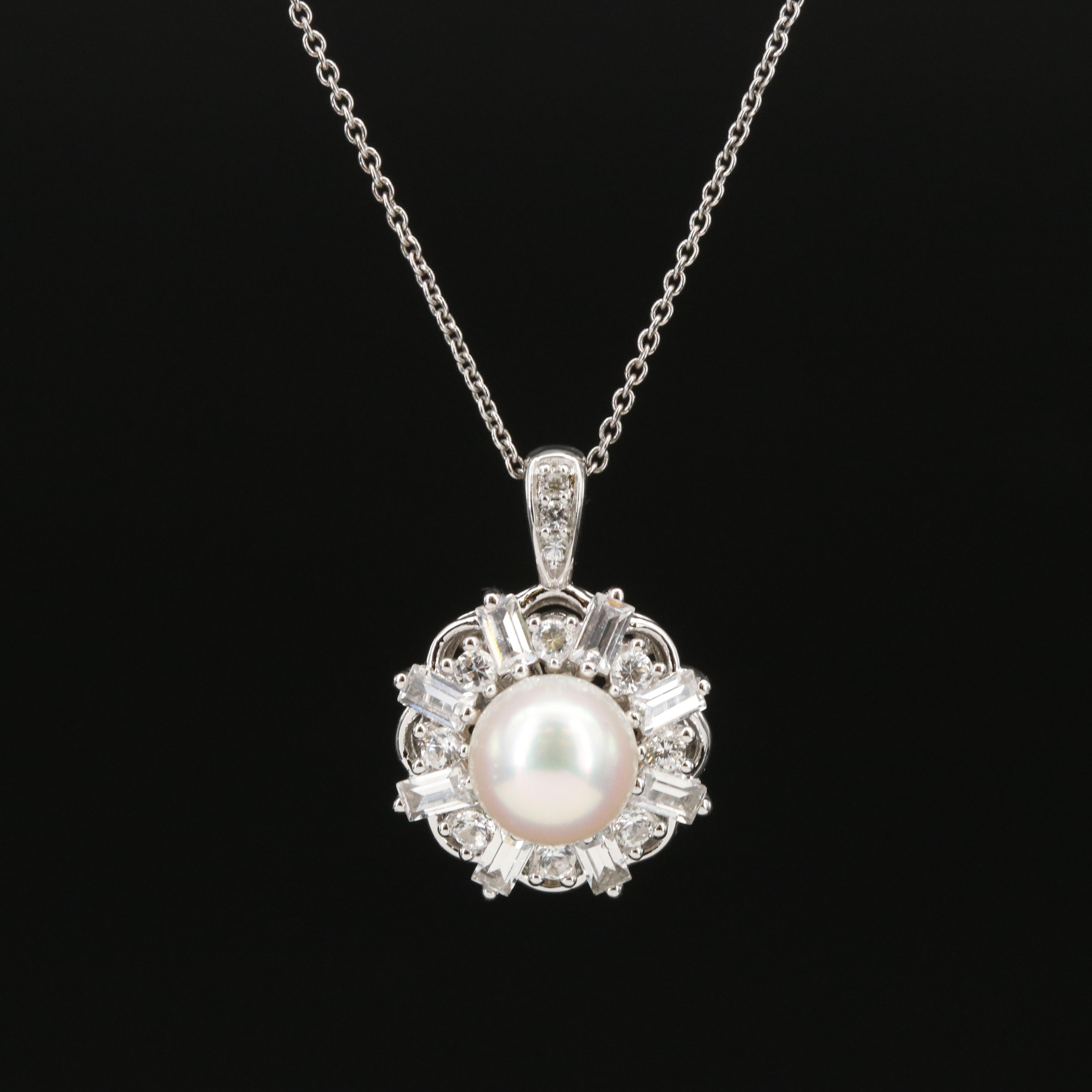 Sterling Pearl and White Sapphire Pendant Necklace