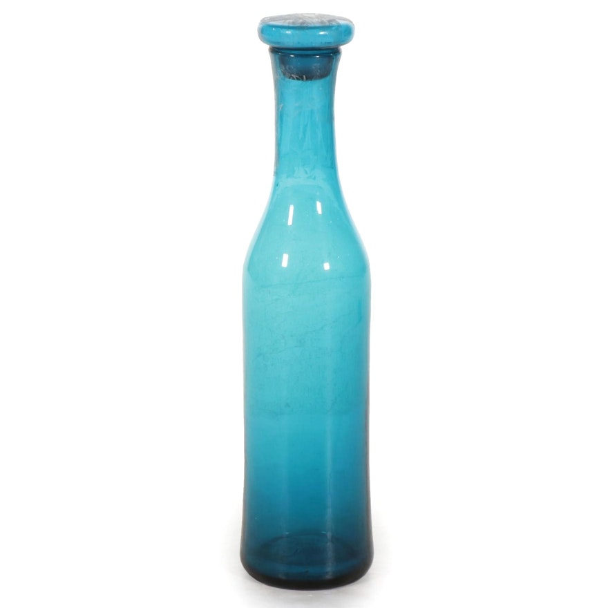 Mid Century Modern Style Blue Blown Glass Bottle-Shaped Floor Vase with Stopper