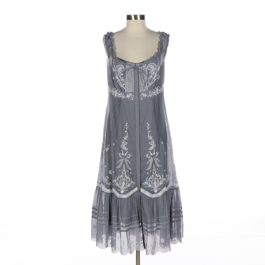 Elie Tahari Embroidered Ruffle Sleeveless Dress