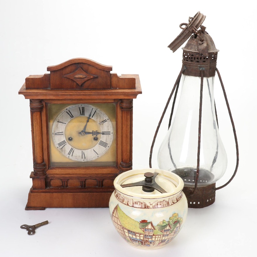 Royal Winton Grimwades Porcelain Tobacco Jar, Wooden Shelf Clock, and More