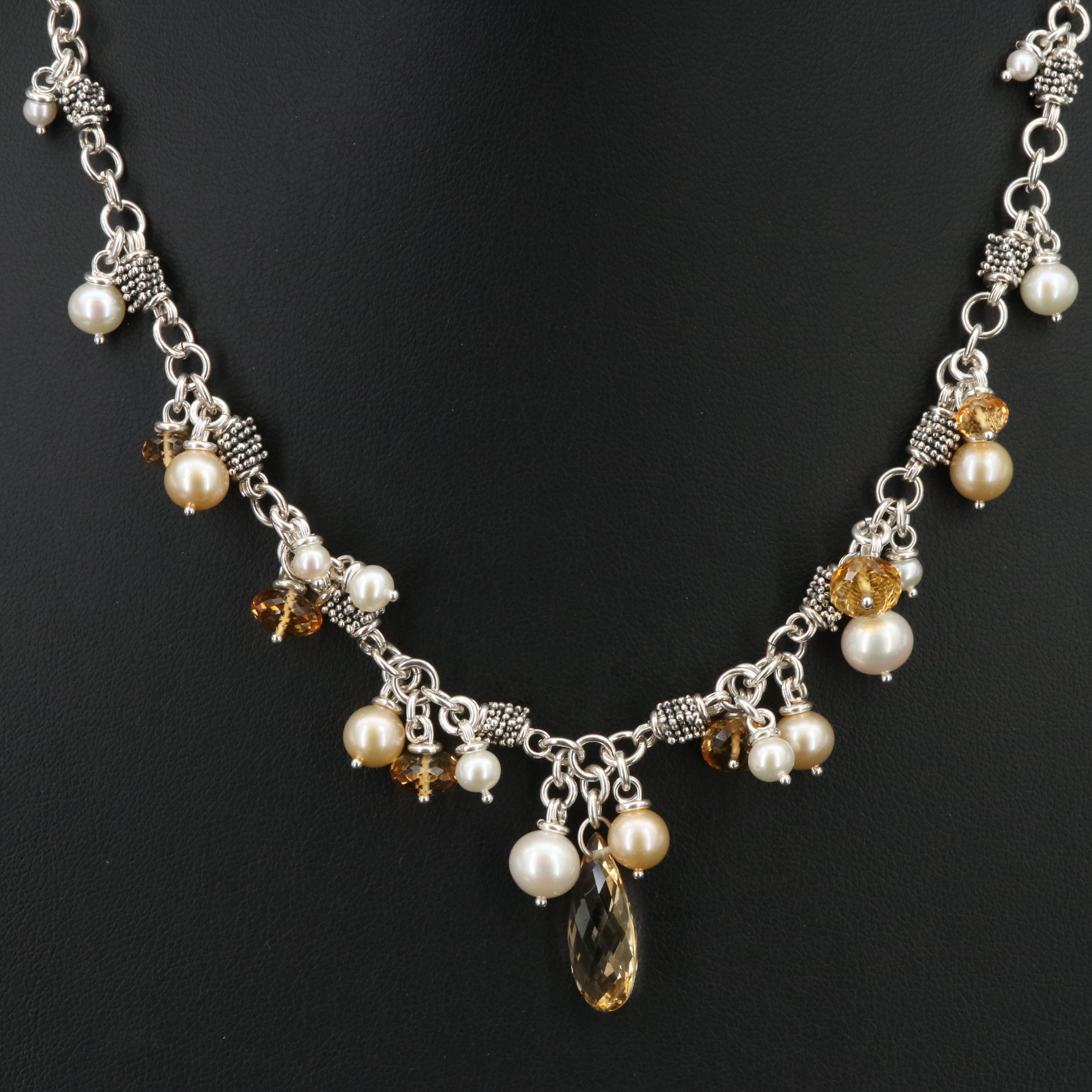 Michael Dawkins Sterling Citrine and Pearl Fringe Necklace