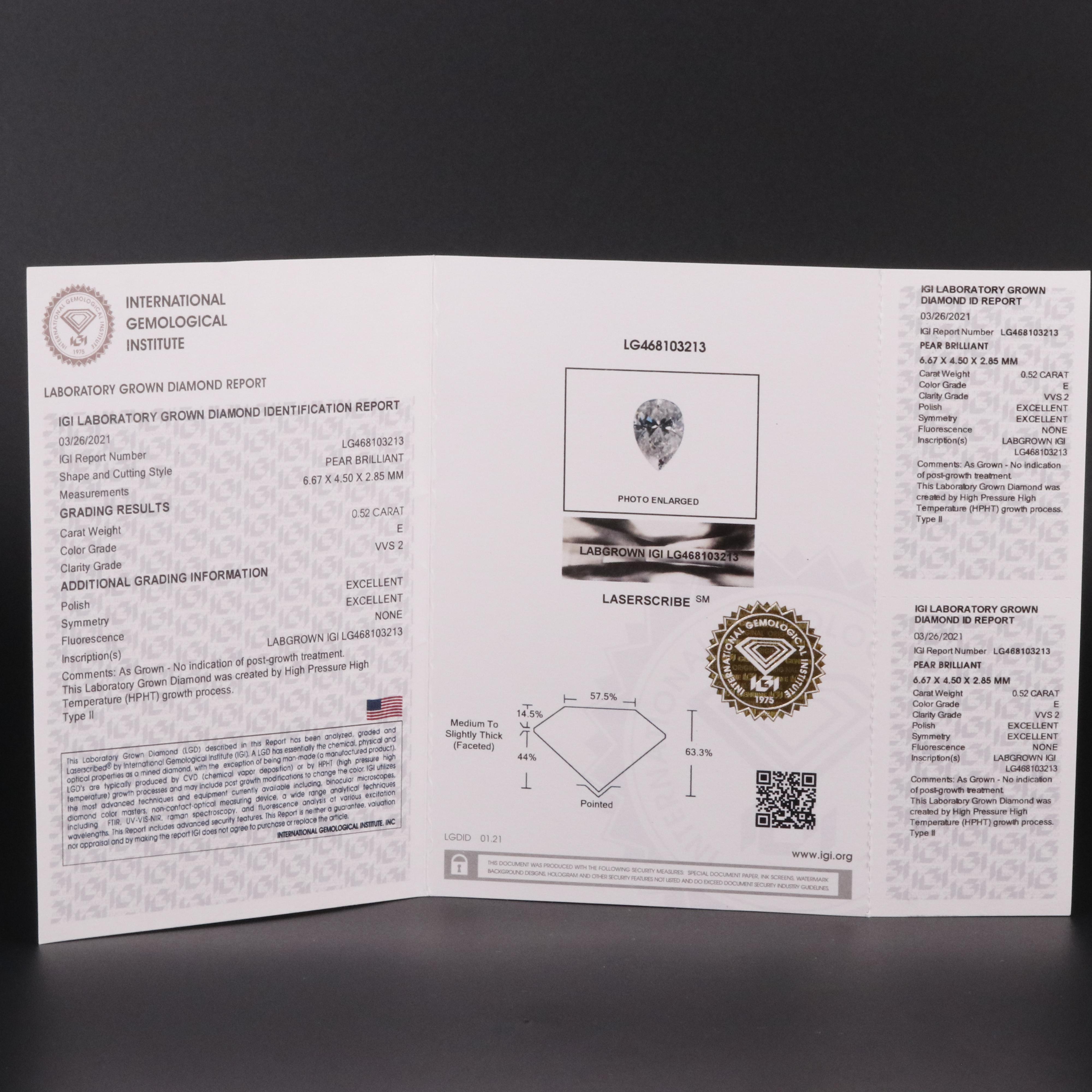 Loose 0.52 CT Lab Grown Diamond with IGI Report