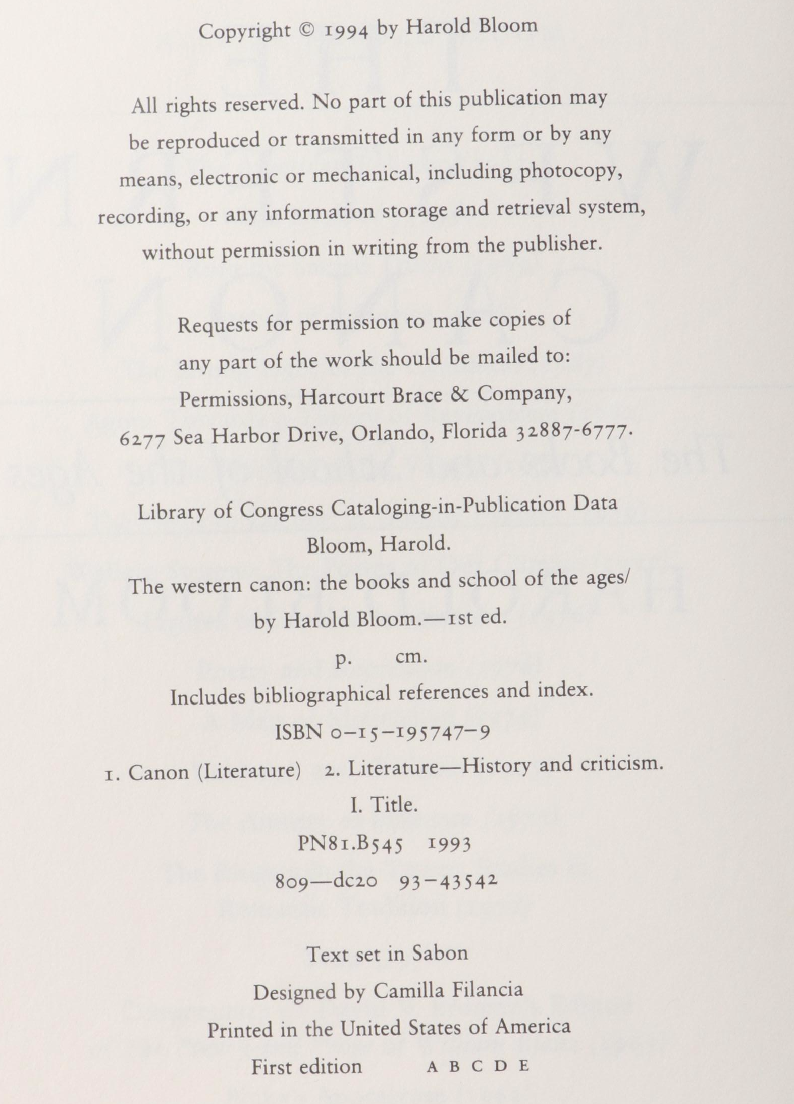 First Edition "The Western Canon" by Harold Bloom, 1994