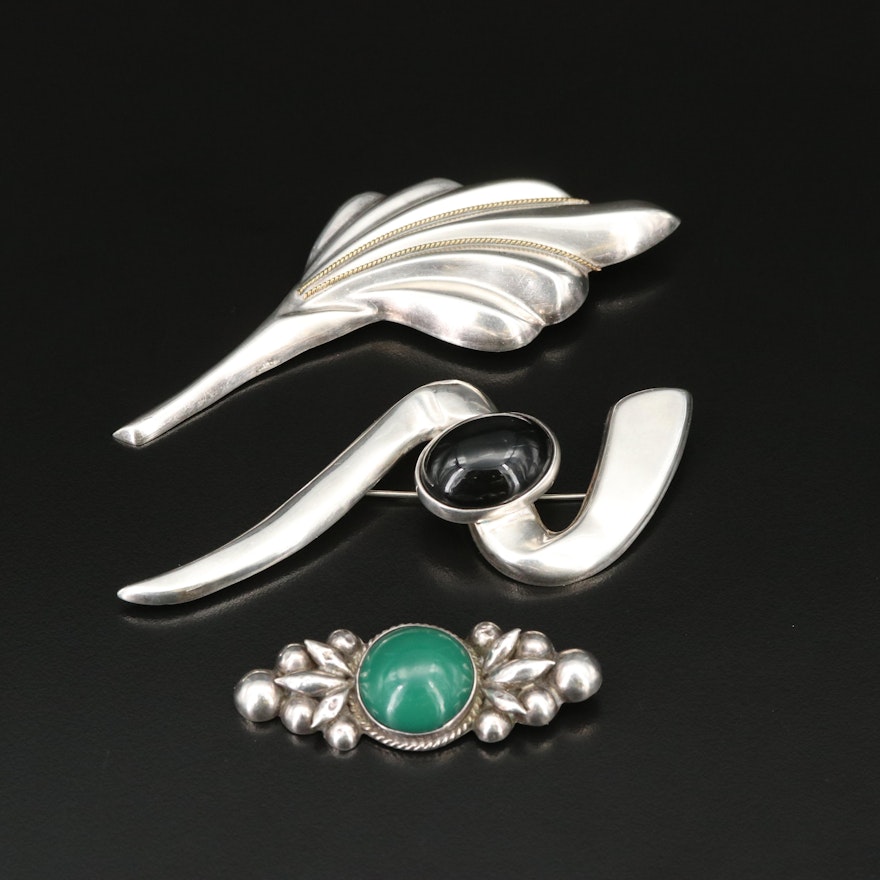 Sterling Brooch Selection Including Obsidian and Glass