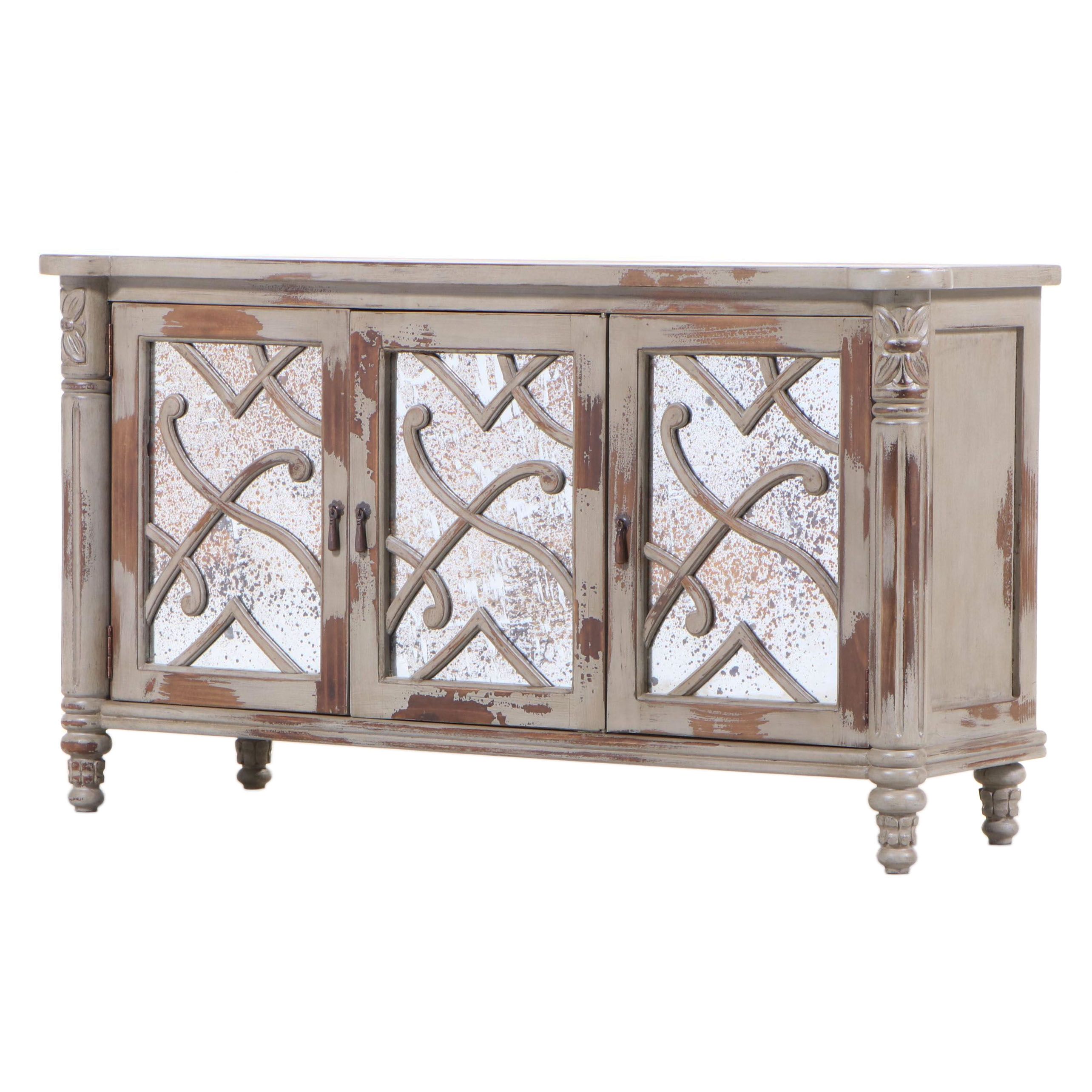 Distressed Painted Cabinet with Mirrored Doors