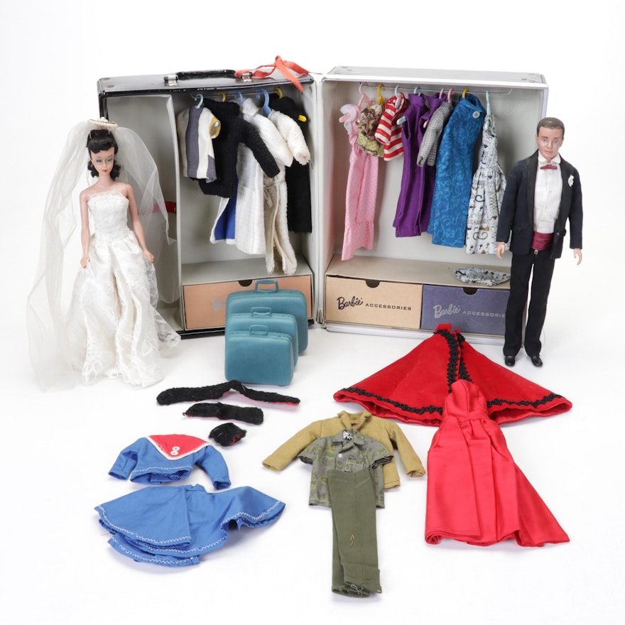Barbie and Ken Dolls with Clothing, Accessories, and Case, Mid-20th Century