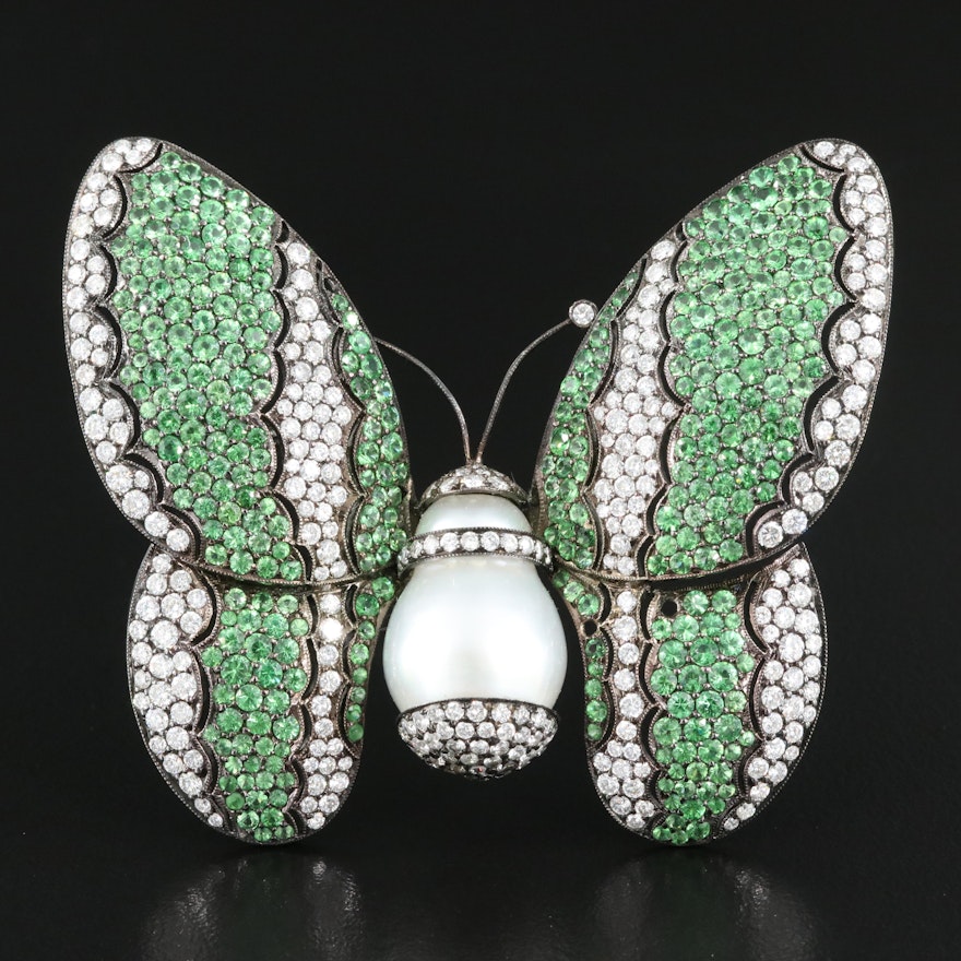 18K Tsavorite, 5.04 CTW Diamond and Pearl Butterfly Brooch