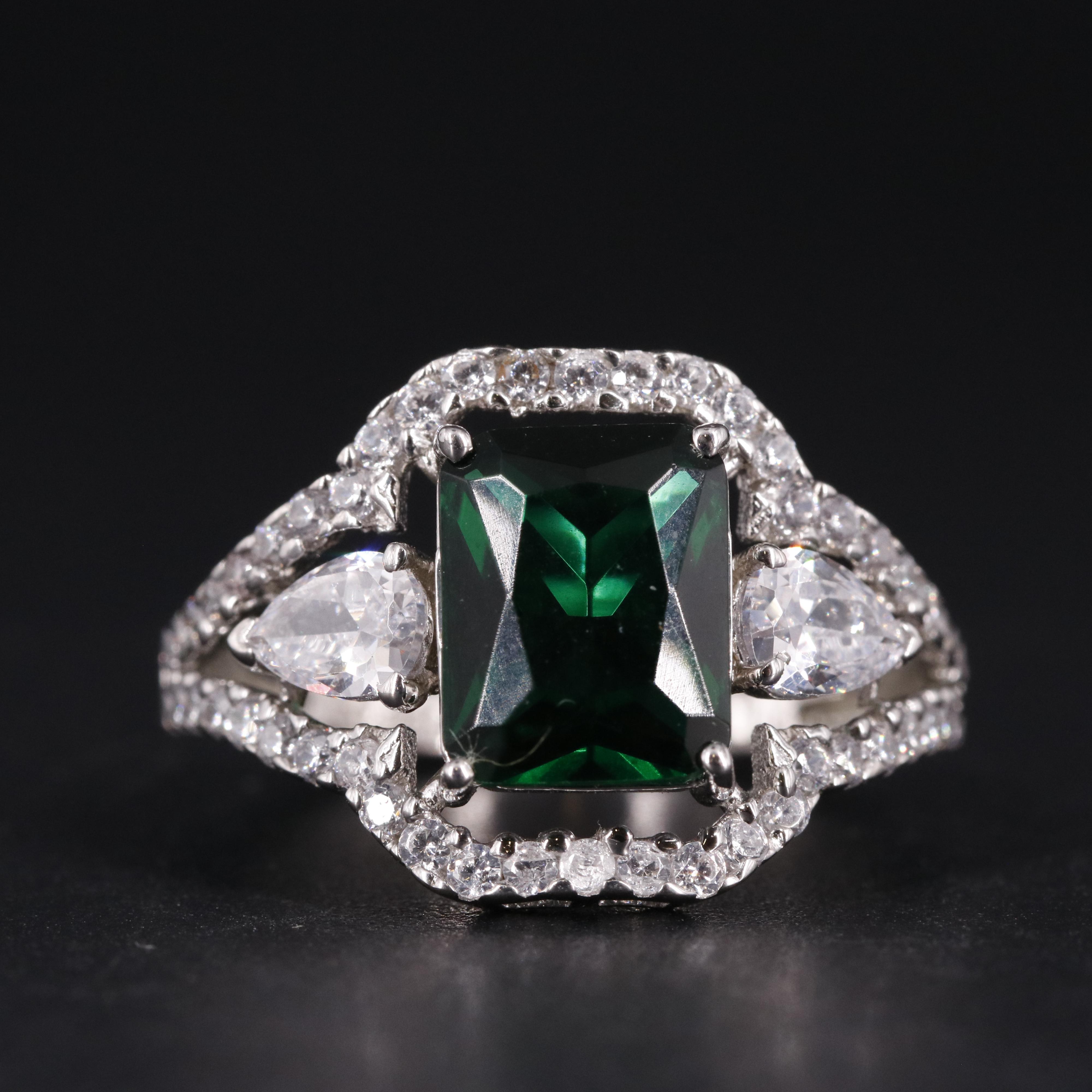 Sterling Silver Emerald and Cubic Zirconia Ring