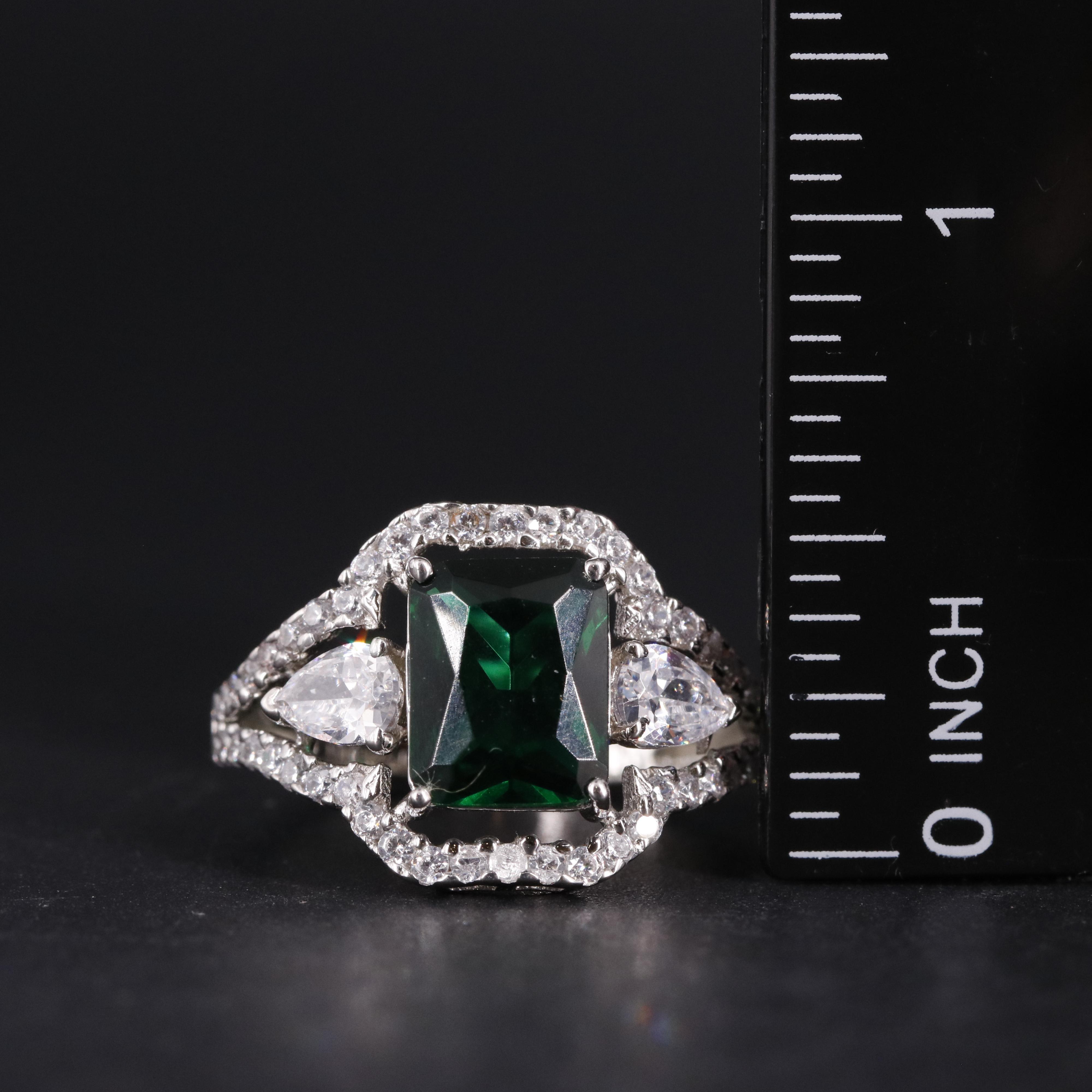 Sterling Silver Emerald and Cubic Zirconia Ring