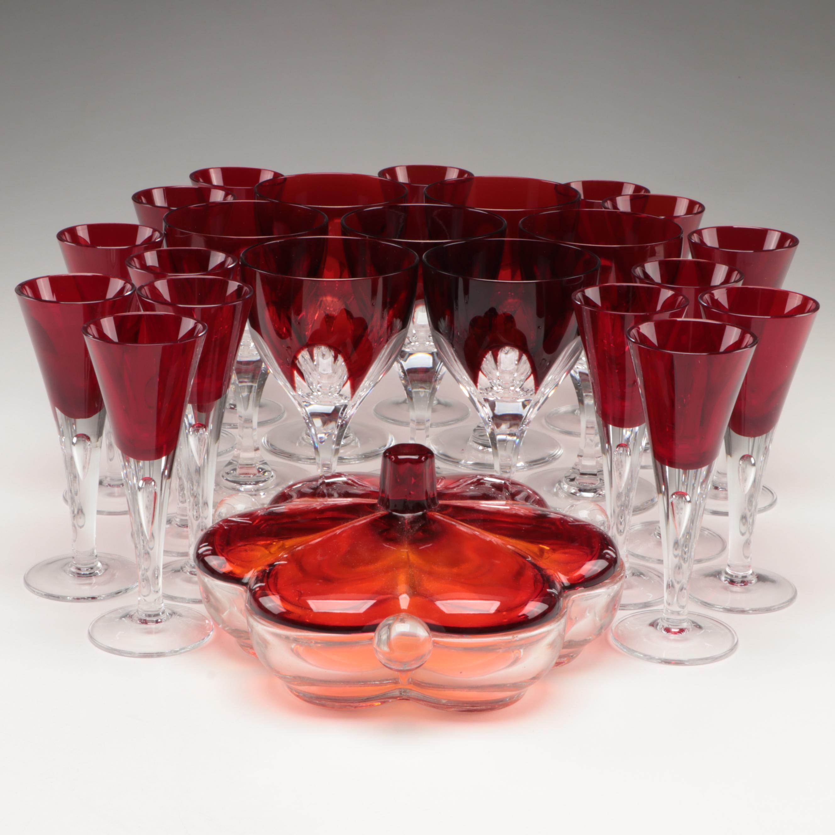 Ruby Cut to Clear Wine Glasses with Other Ruby and Clear Glass Cordials and Dish