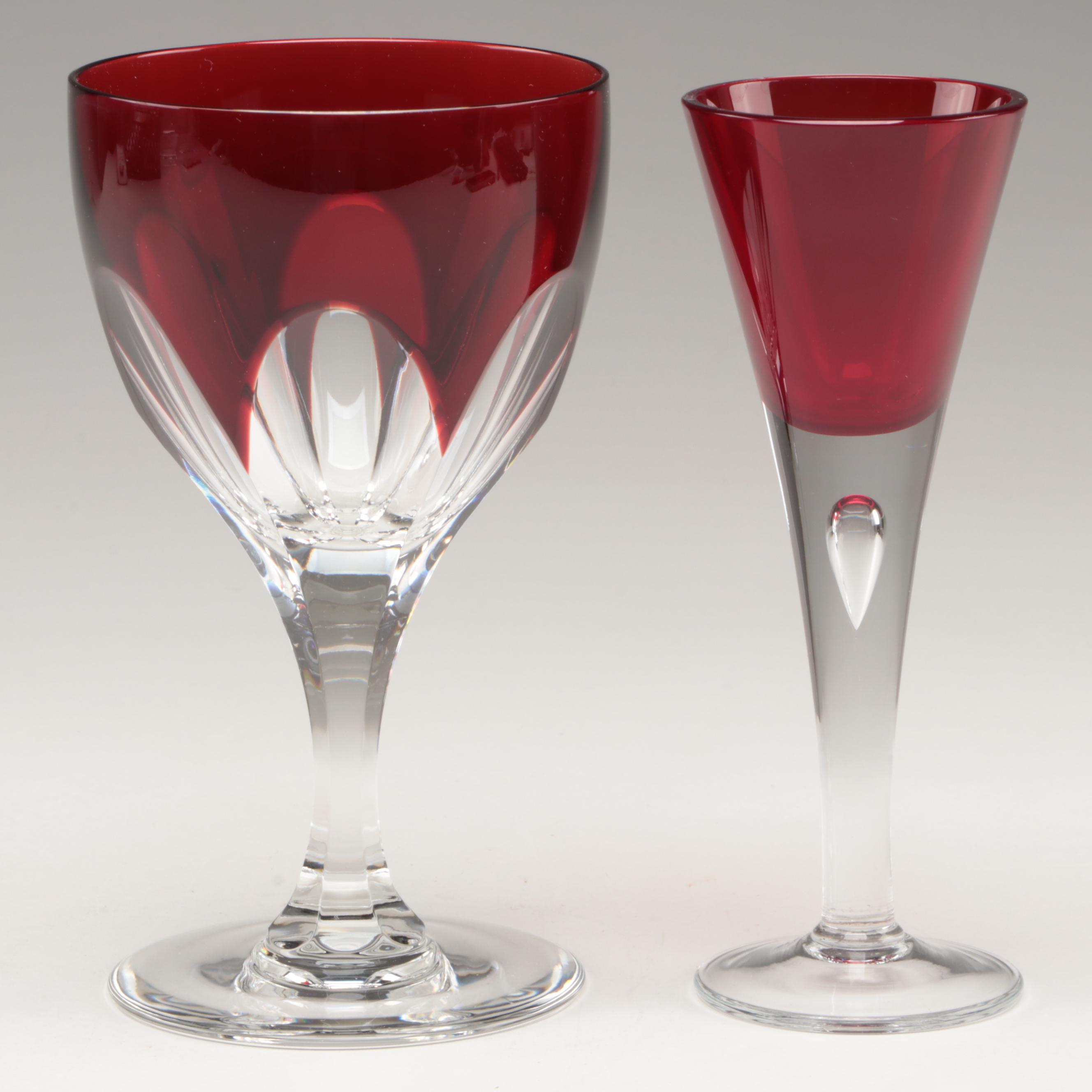 Ruby Cut to Clear Wine Glasses with Other Ruby and Clear Glass Cordials and Dish