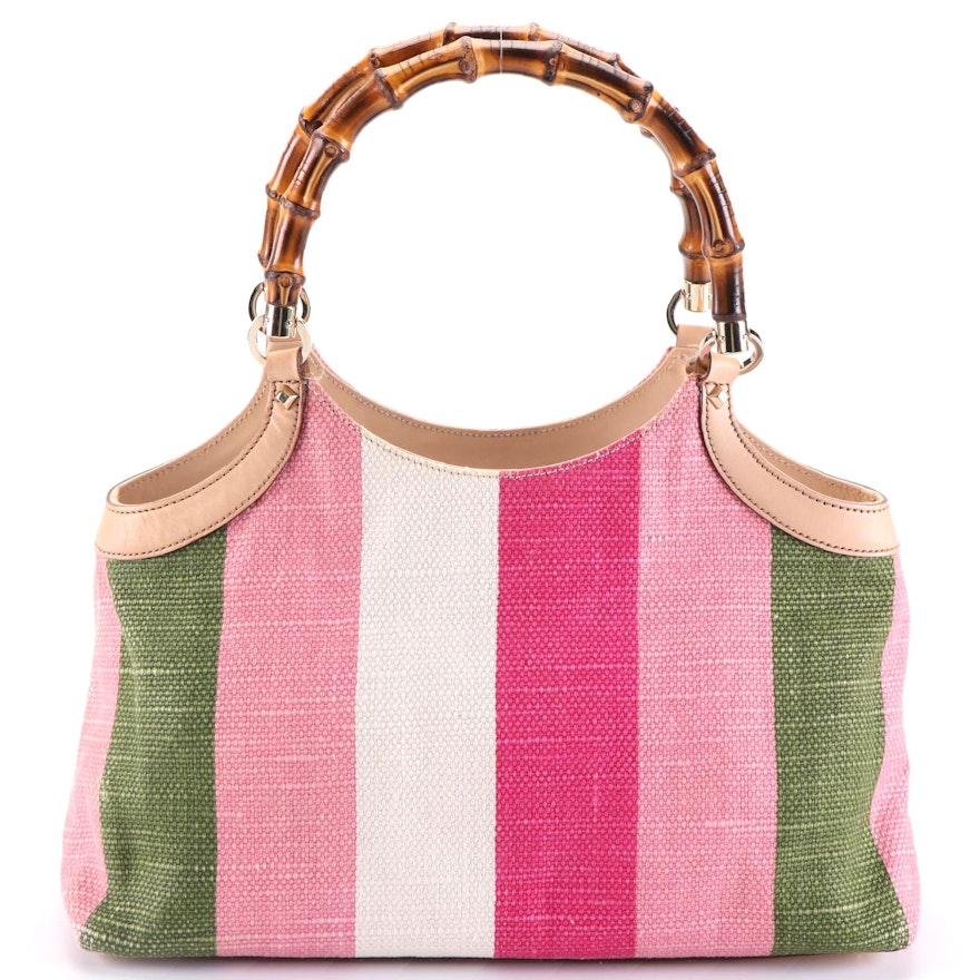 Gucci Bamboo Tote Bag in Striped Canvas with Beige Leather Trim