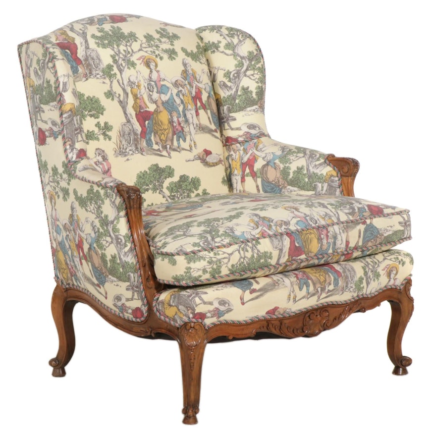 Louis XV Style Carved Fruitwood and Toile-Upholstered Bergère, 20th Century