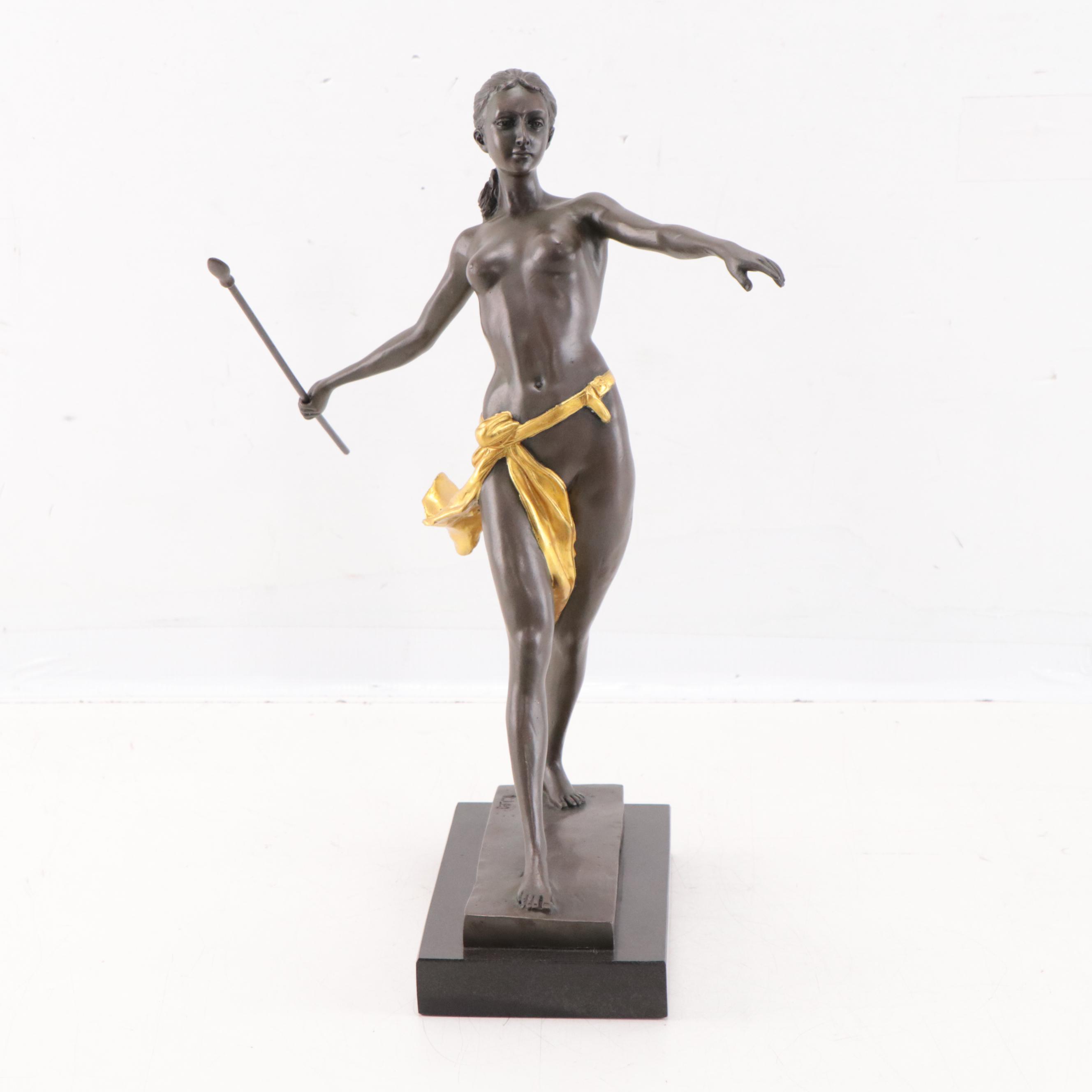 Art Nouveau Style Bronze Sculpture of Woman Throwing Spear