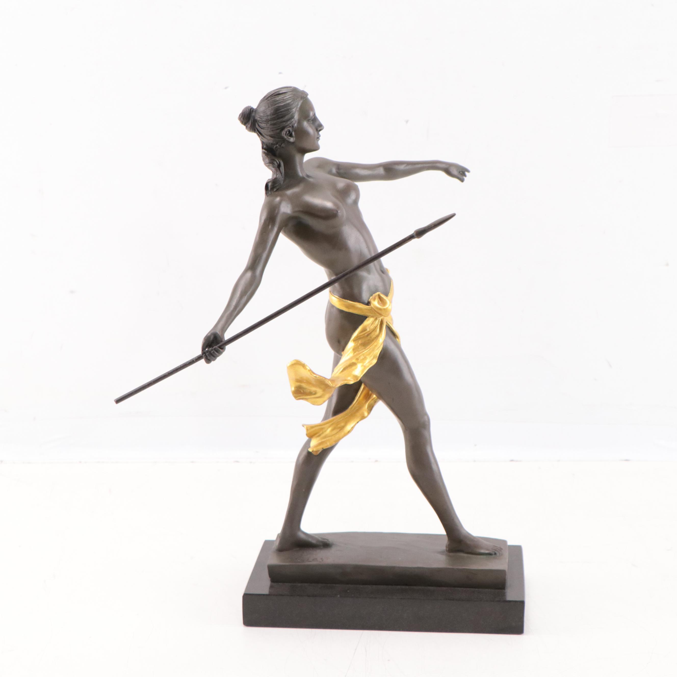 Art Nouveau Style Bronze Sculpture of Woman Throwing Spear