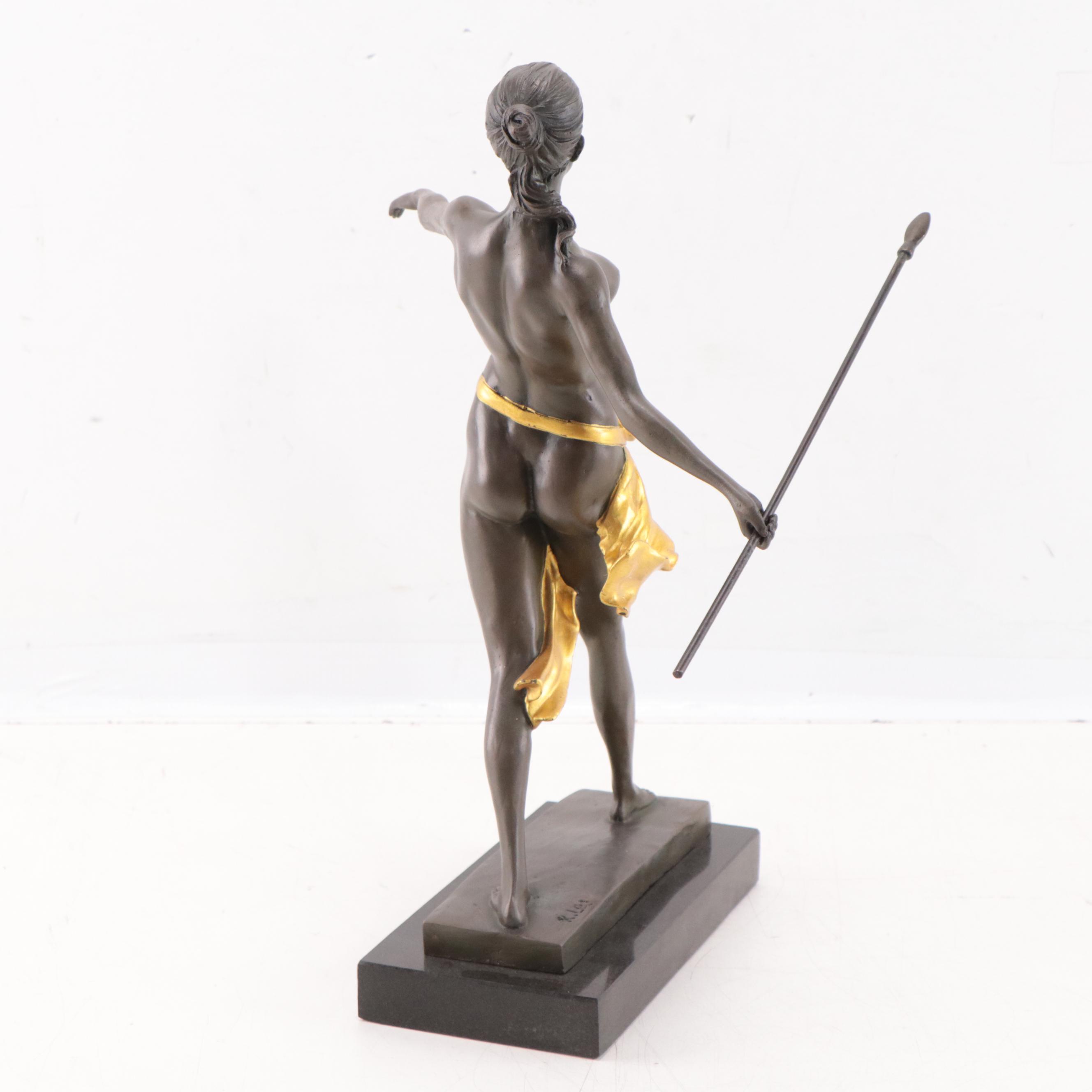 Art Nouveau Style Bronze Sculpture of Woman Throwing Spear