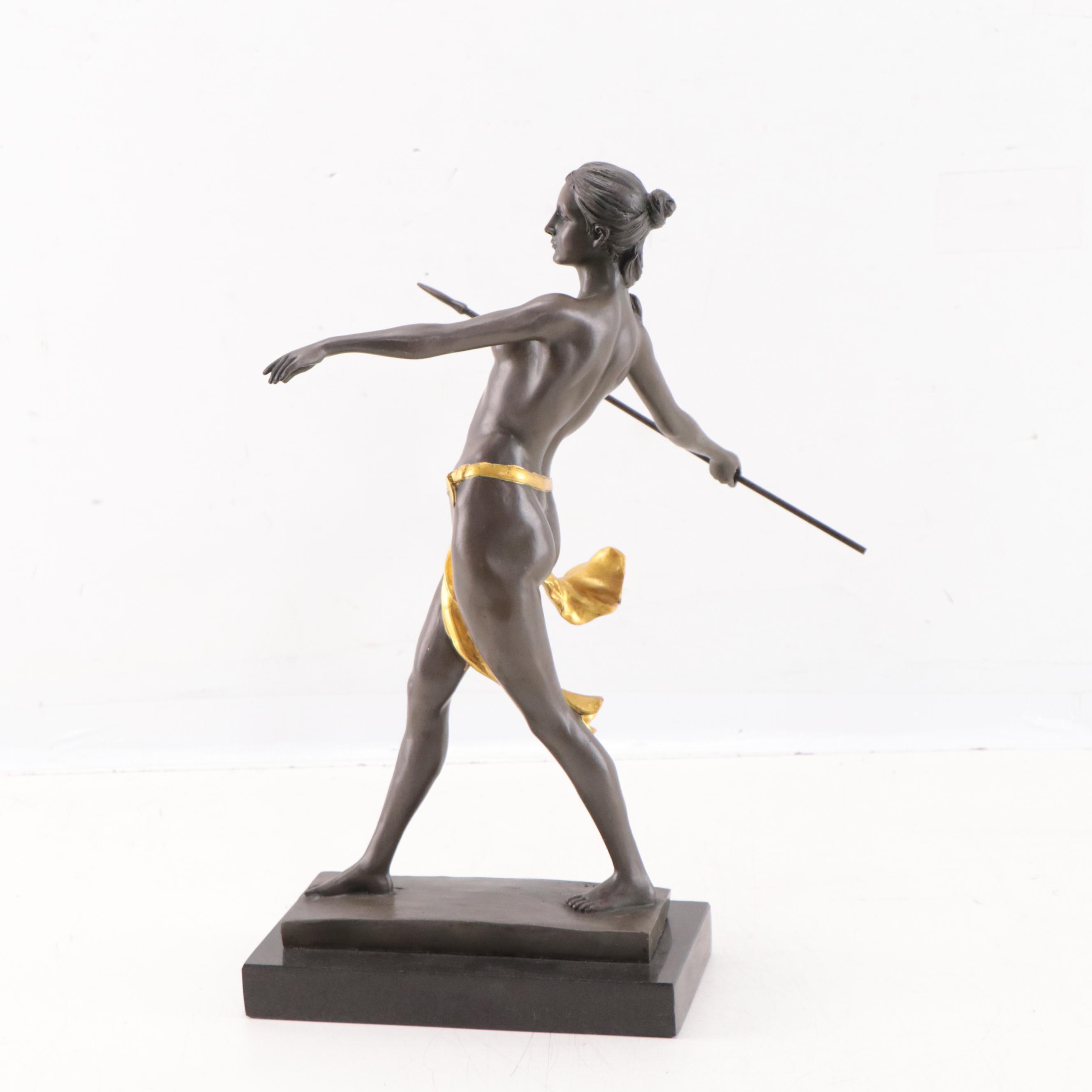Art Nouveau Style Bronze Sculpture of Woman Throwing Spear