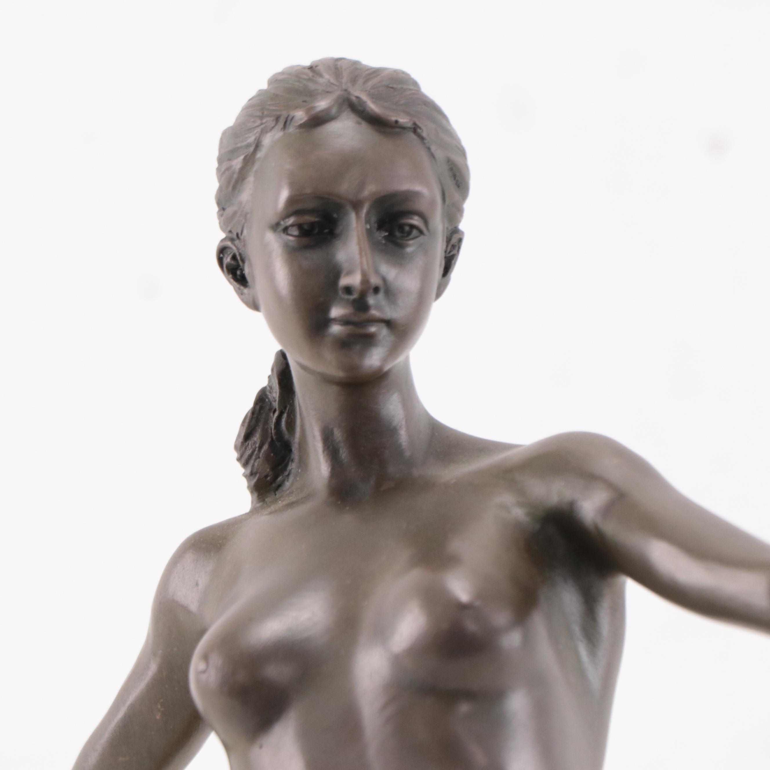 Art Nouveau Style Bronze Sculpture of Woman Throwing Spear