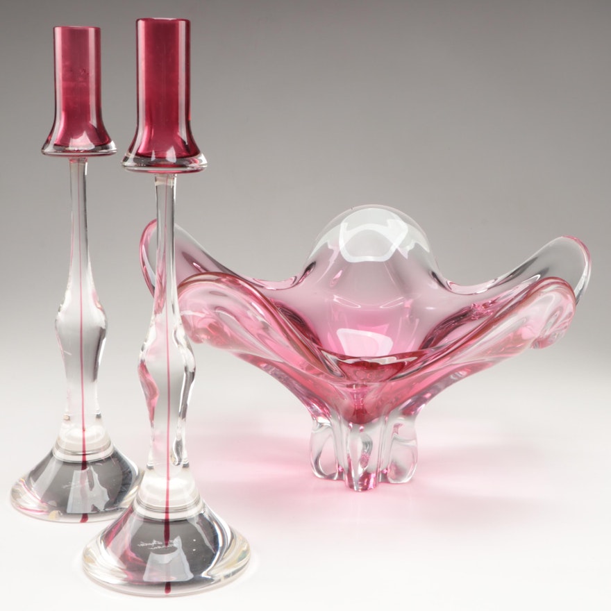 Free Form Pink and Clear Glass Bowl and Candlestick Garniture Set