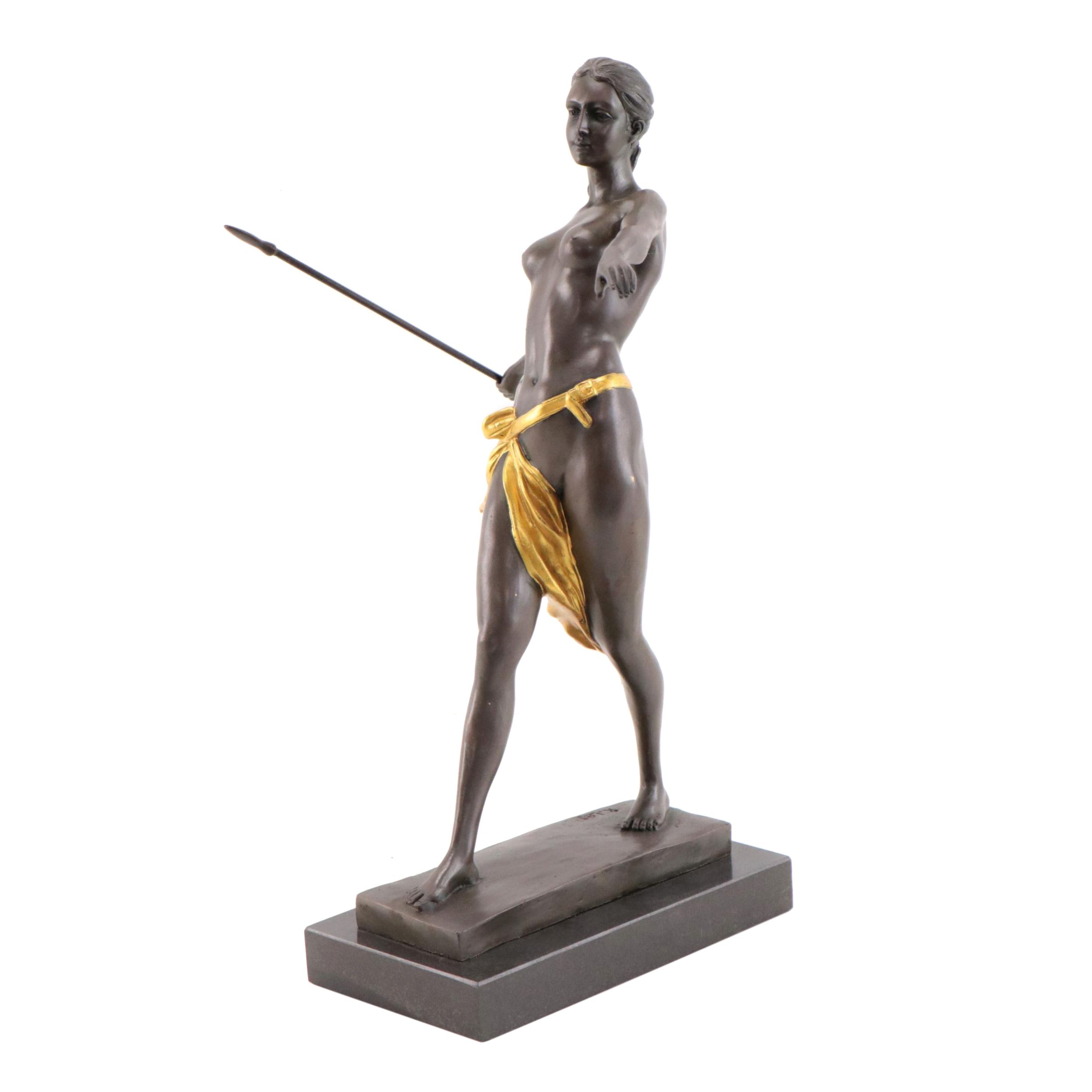 Art Nouveau Style Bronze Sculpture of Woman Throwing Spear