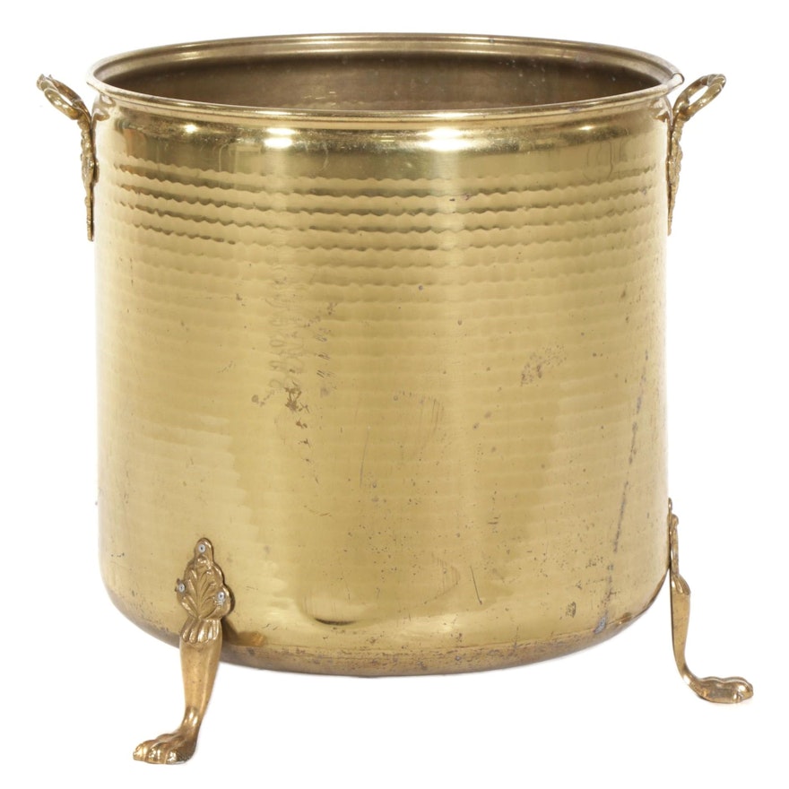 Regency Style Hammered Brass Fireplace Kindling Bucket with Paw Feet