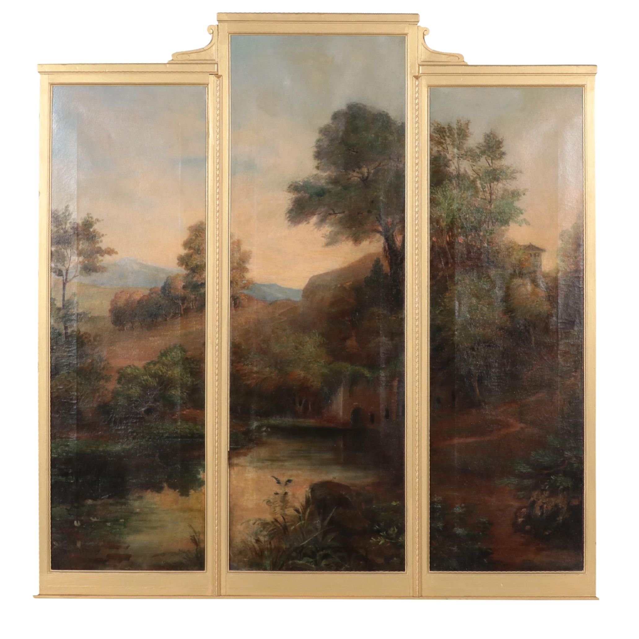 Triptych Large-Scale Forest Landscape Oil Painting, Early 20th Century
