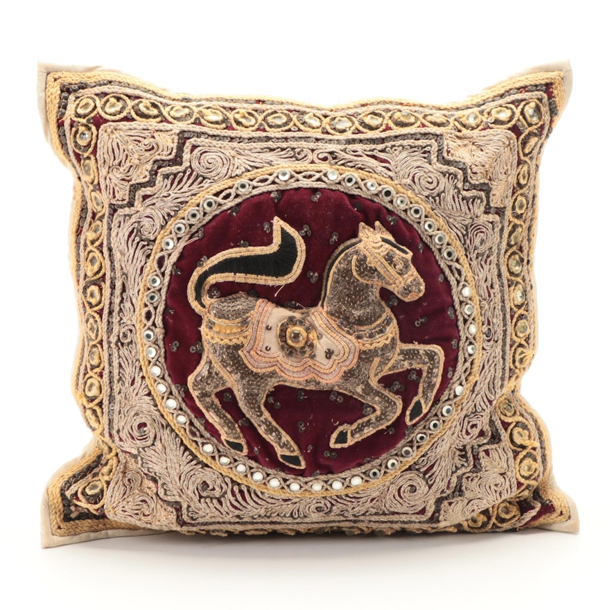 Beaded and Embroidered Equine Tapestry Decorative Throw Pillow