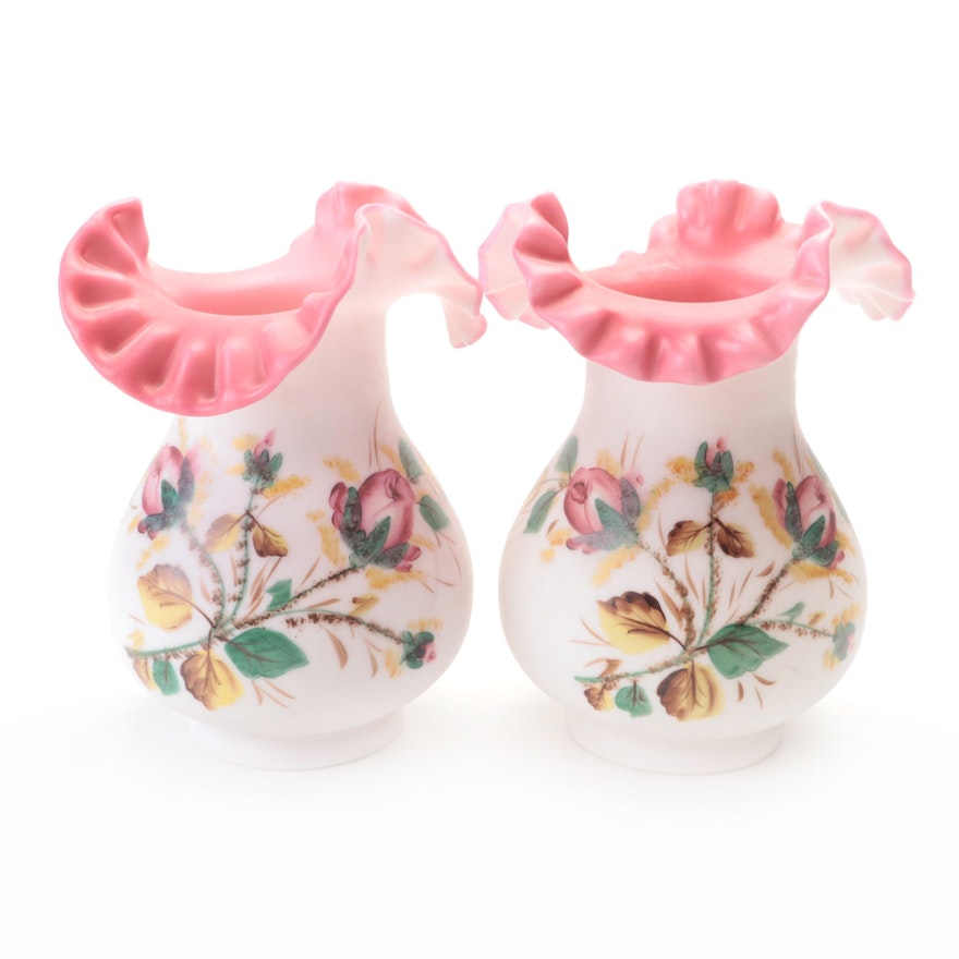 Fenton Hand-painted Pink and White Satin Glass Ruffle Rim Vases